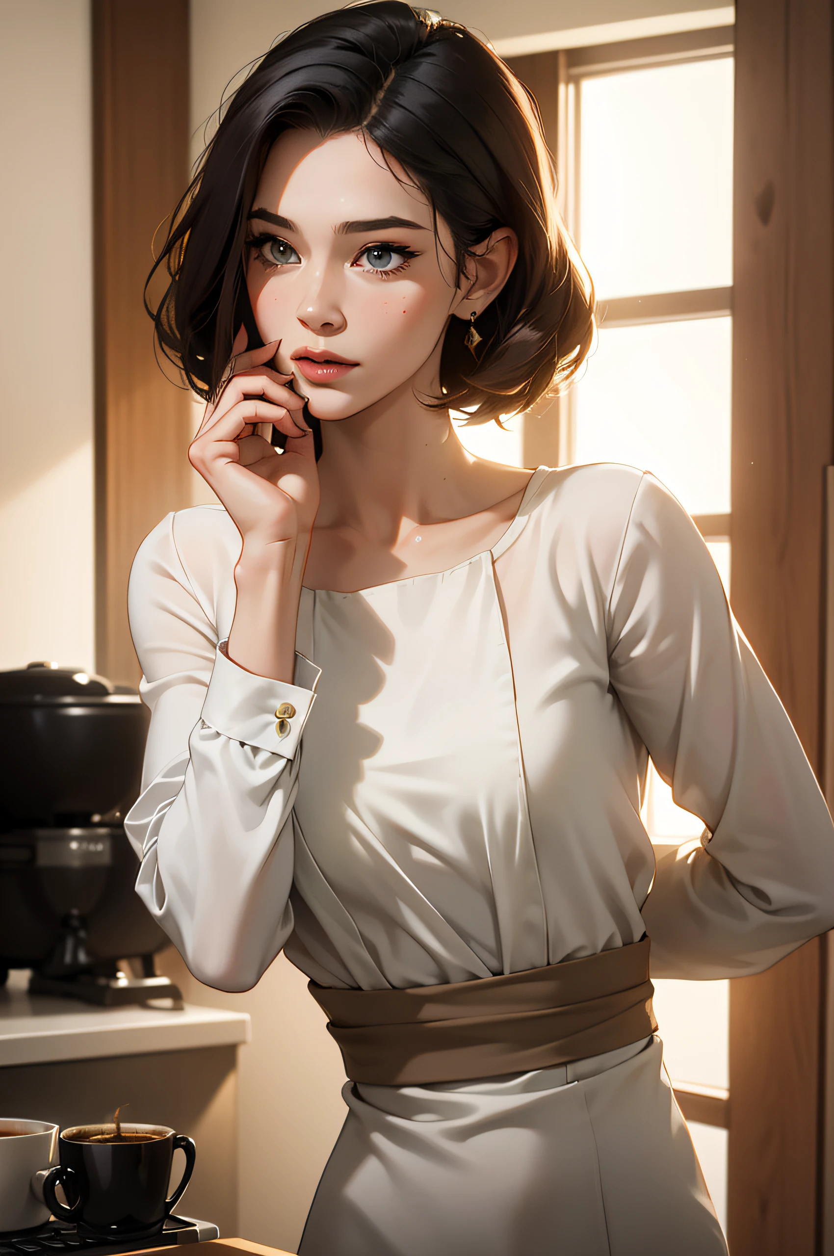 (1813271145), masterpiece:1.2, best quality), (very detailed face, real pictures, realistic skin, realistic body, complex details), (1lady, solo, upper body), Clothes: classy, avant-garde, experimental Appearance: dark short hair, natural makeup, white top, Behavior: sassy, non-conformist, provocative Location: kitchen interior place scene Hobbies: chatting, drinking coffee, geek Values: individuality, authenticity, creative expression Inspirations: 90s music, kitchen, coffee cup Personality traits: reserve, daring, cute.