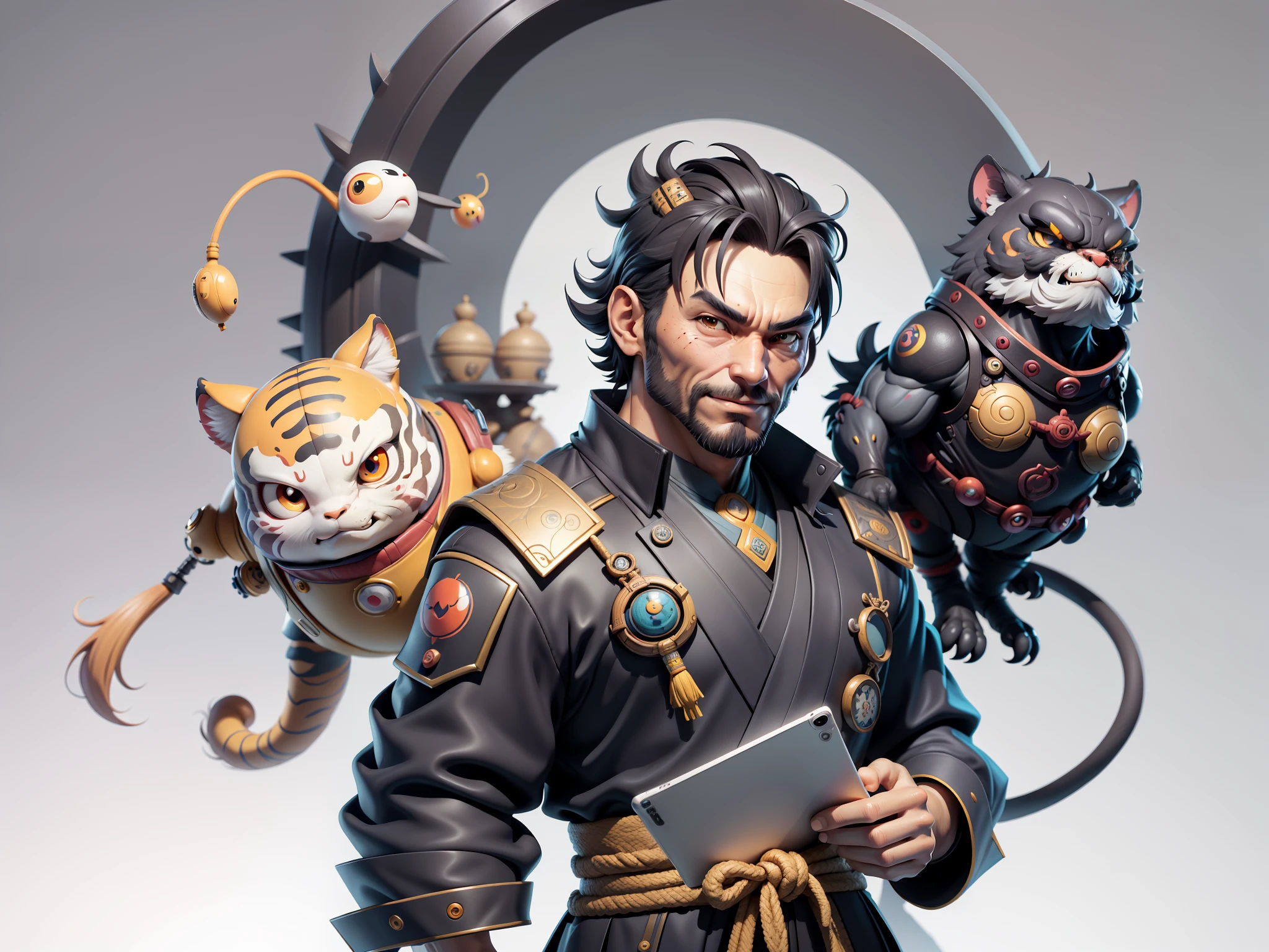 (Daisaku),(Need),(Super meticulous),(full bodyesbian:1.2),Super young man with Japanese geisha,Beautiful,orient,one tiger,Aeolian Thor,Raised sexy,爆乳,Oriental face,TV Anchor,Bust portrait illustration,In black suit,a blue tie,The face is slightly chubby,The face was clean,without a beard,Black super short hair,Black eyes,Smile confidently,3C computer sub-products,iPad, iphone,Digital painting,3D character design by Mark Clairen and Pixar and Hayao Miyazaki and Akira Toriyama,The illustration is a high-definition illustration in 4K resolution,With very detailed facial features and cartoon-style visuals。