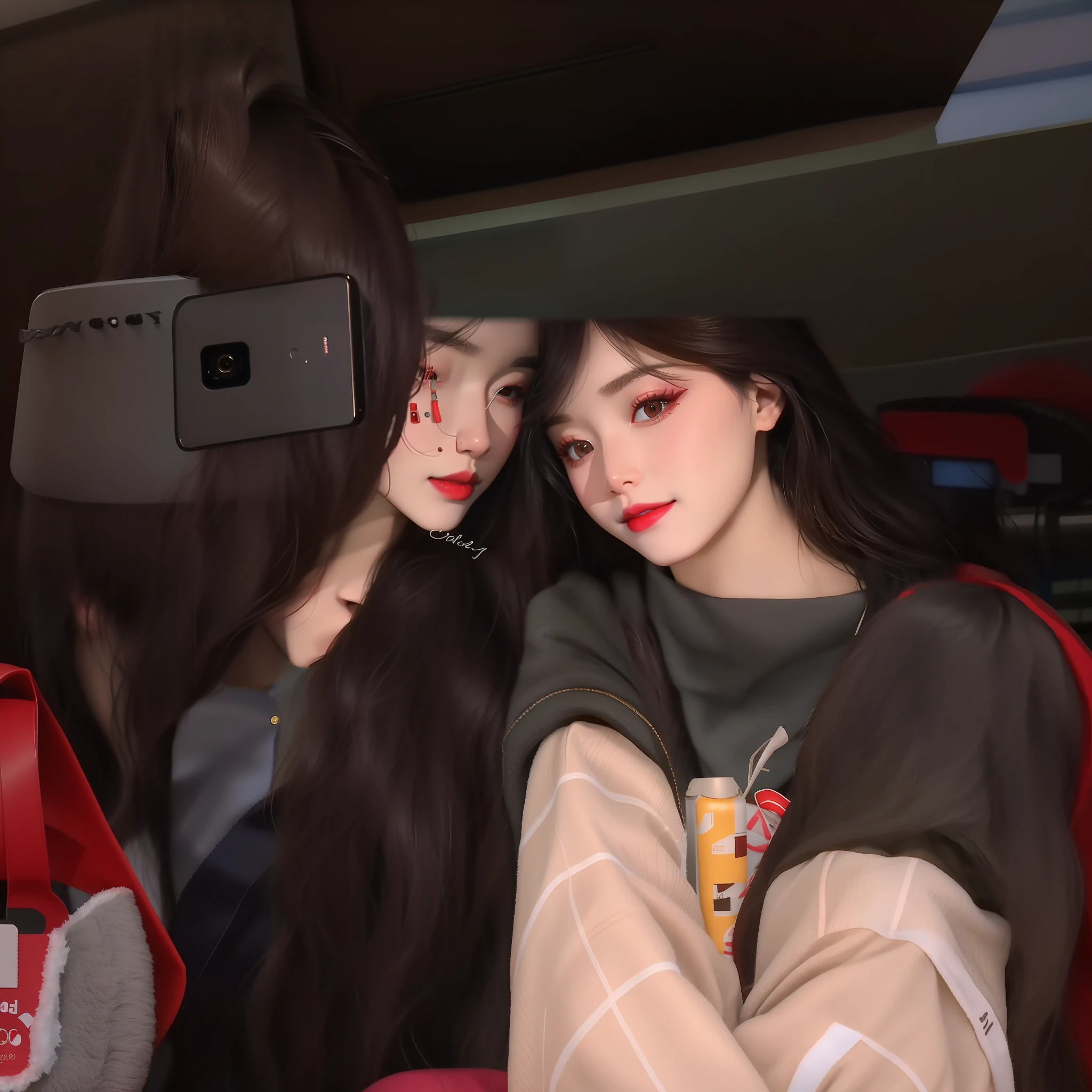 there are two women taking a selfie in a dark room, very very low quality picture, low quality photo, both have red lips, iphone selfie, ulzzang, in a mall, taken with sony alpha 9, at a mall, low quality photograph, tumblr, taken with canon 8 0 d, taken with canon eos 5 d, 8k selfie photograph, selfie