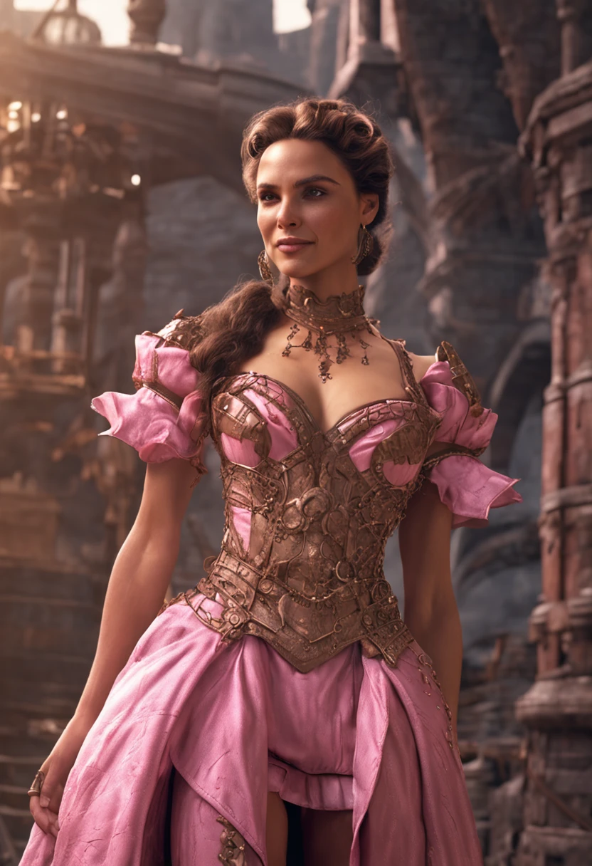 Amazing full body portrait of magical fantasy:Gal Gadot,Three steampunk women in pink dresses and lace, The low-cut neckline accentuates femininity, Small ears, Brown hair, Ultra-clear face,Smiling happy, Dynamic pose, DnD, fantasy, Extreme detail, 4K, Ultra HD, trending on artstationh, Polished, Radiant, vibrant, Backlight, 8k ultra high definition, Unreal Engine 5 potions, intricately details, 3D video rendering