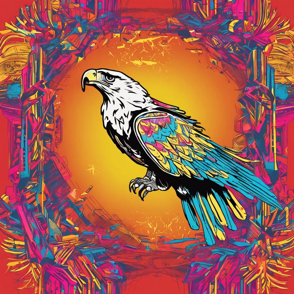 aguila esqueleto envuelta en fuego volando, rodeada de colores luminosos, futurista, estilo warhol