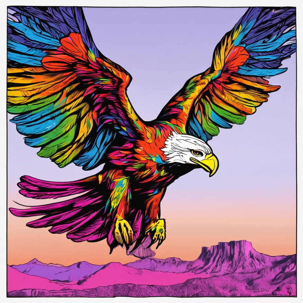 aguila esqueleto envuelta en fuego volando, rodeada de colores luminosos, futurista, estilo warhol