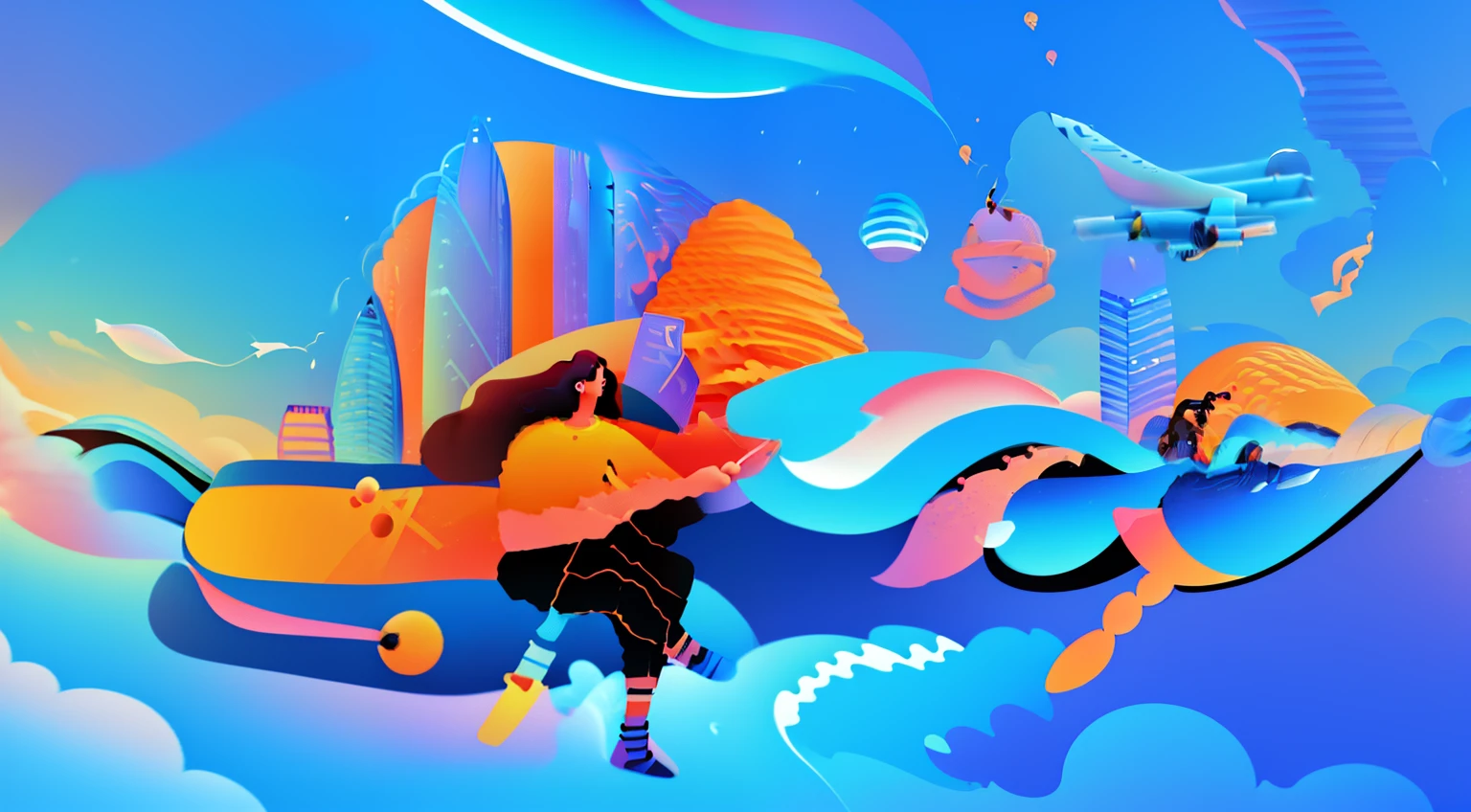 Use the uploaded image as the background,There was a big young hand holding a college acceptance letter, animation illustrative style, trending on cgstation, G Liulian art style, random background scene, University campus background, hand painted cartoon art style, background-image, vaporwave city, Yichang scenery, A man and a woman sit on the plane,illustratio, vaporwave cartoon,full page illustration, Colorful illustration,There is an airplane in the blue sky,There are big boats in the river at the bottom of the picture