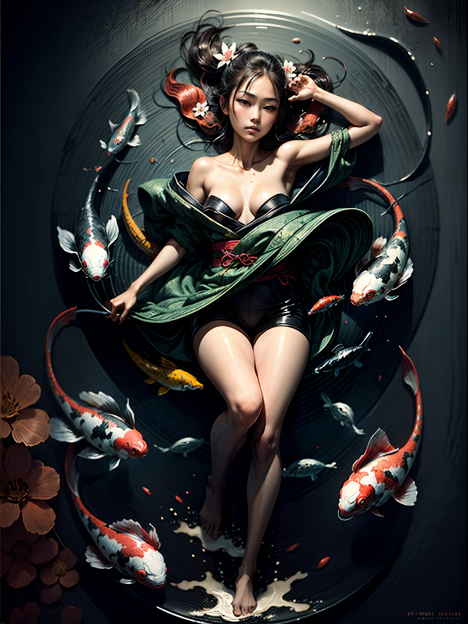 "A flock of mesmerizing koi fish gracefully swirling around a young girl, capturing the essence of an elegant and serene Japanese ink painting."