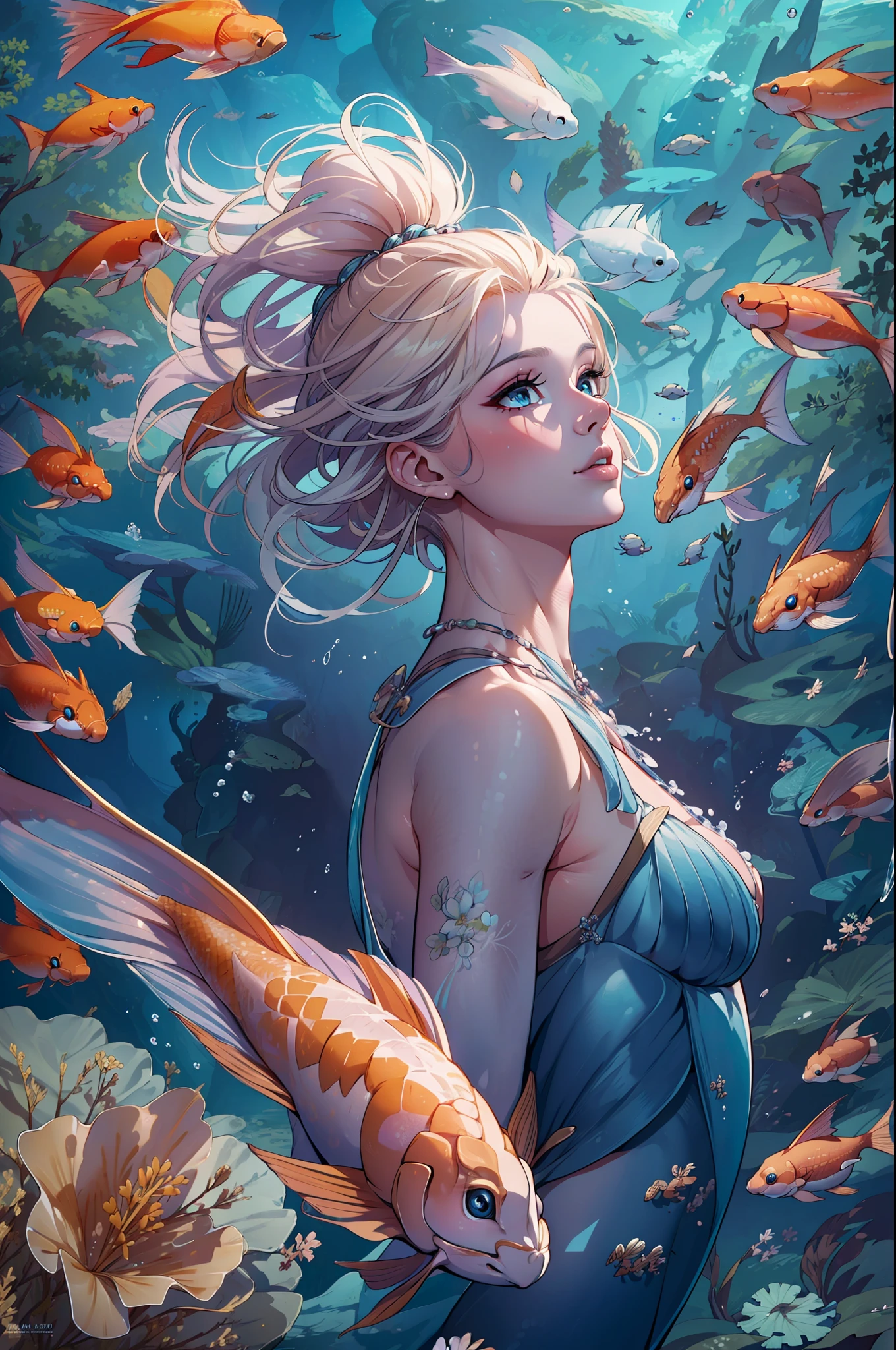 high details, best quality, 16k, RAW, [best detailed], masterpiece, best quality, (extremely detailed), full body, ultra wide shot, photorealistic, fantasy art, RPG art, D&D art, a picture of a mermaid swimming with koi fish under the sea, exqisite beautiful mermaid, ultra feminine (best details, Masterpiece, best quality), ultra detailed face (best details, Masterpiece, best quality), blond hair, pixie cut, blue eyes, white scales, undersea life, a [[flock of koi fish]] swimming (best details, Masterpiece, best quality) undersea background depths-fc, dim sun light from above High Detail, Ultra High Quality, High Resolution, 16K Resolution, Ultra HD Pictures, 3D rendering Ultra Realistic, Clear Details, Realistic Detail, Ultra High Definition