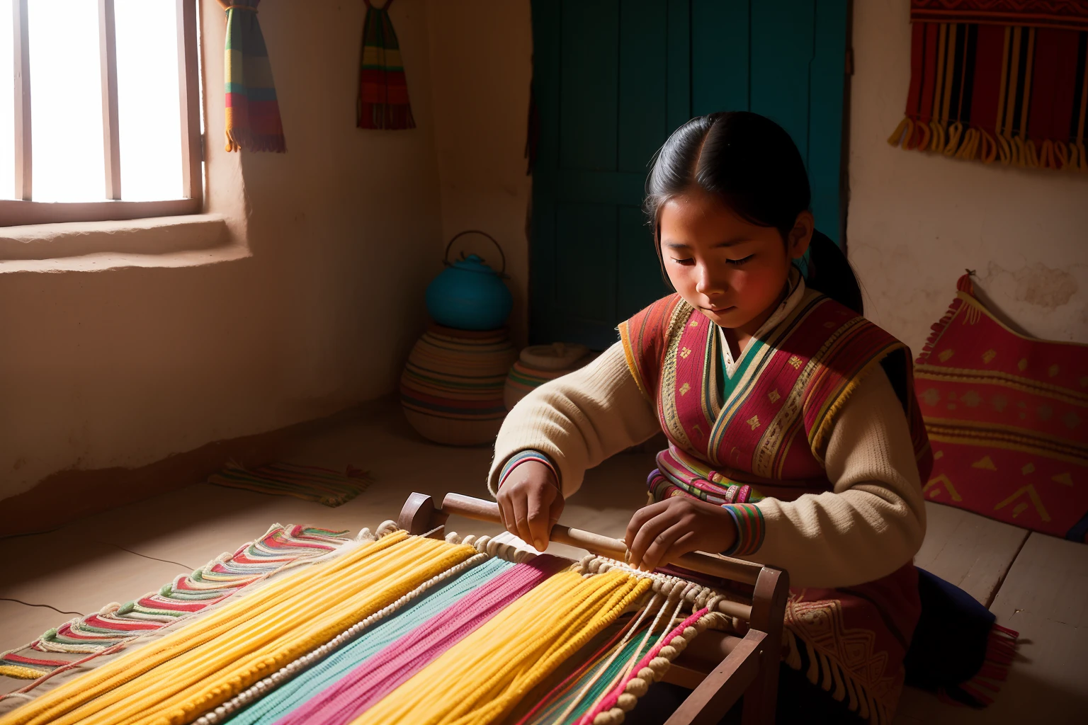 Date: 2012
Country: Bolivia
Description: In a Bolivian highland village, a ager diligently weaves intricate patterns on a loom, surrounded by the gentle light of day, upholding ancient textile traditions.