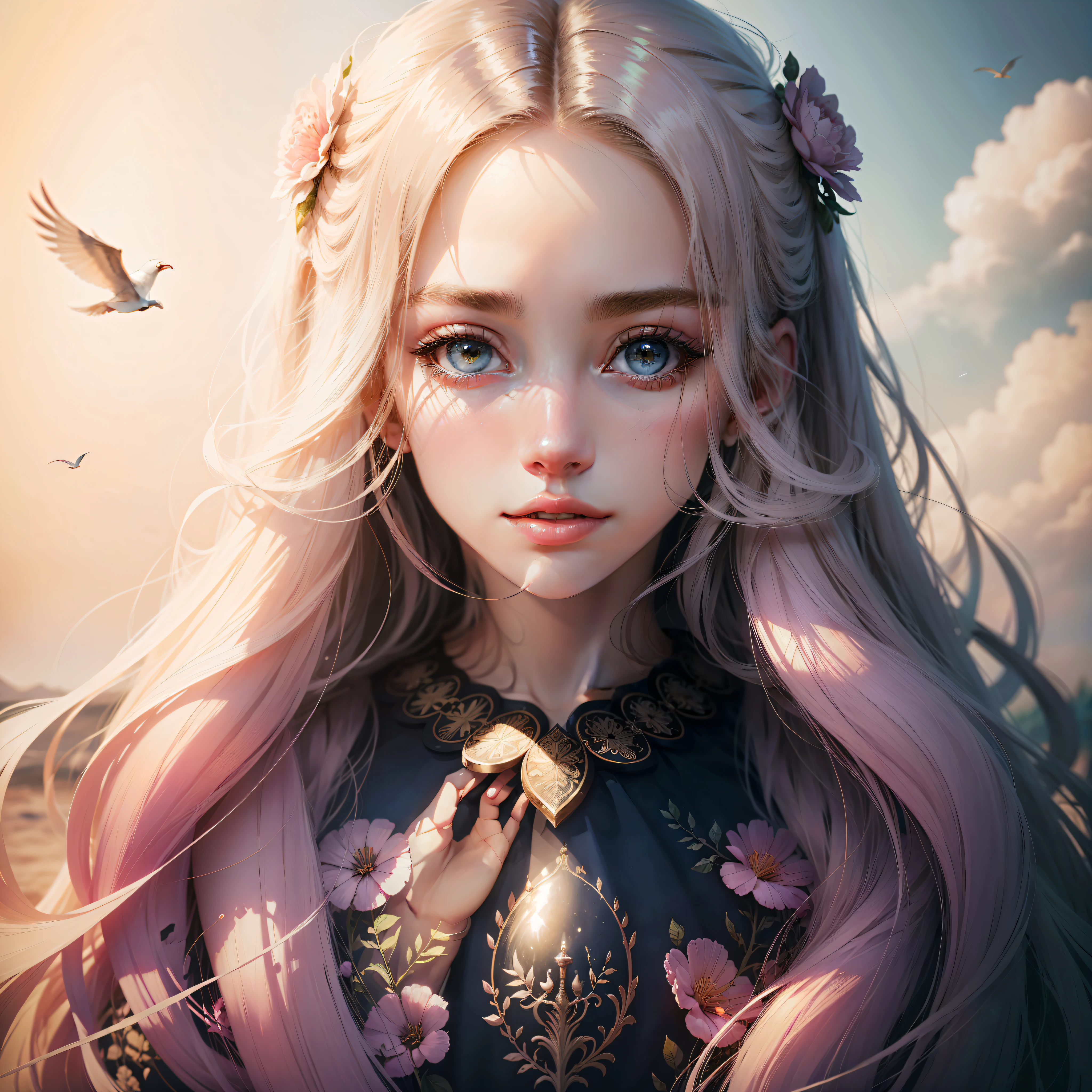 beautiful woman, peace, innocence, serenity, long hair, birds, surreal, pastel colors, high definition, stunning graphics
