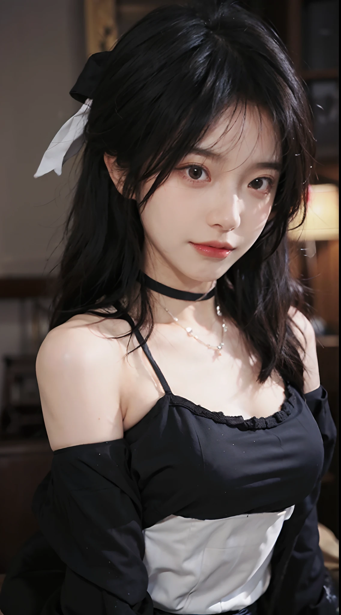 best qualtiy， 超高分辨率， （realisticlying：1.4），Baoyu Girl，1girll, with long coiled hair，Bring a black mask，Looking into the distance，nedium breasts，cute clothing，a sense of atmosphere，Beautiful woman with a slim figure:1.4, Ultra-fine face，Elaborate Eyes，二重まぶた，choker necklace