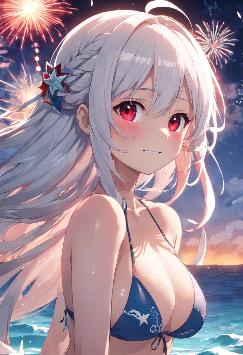swim wears、the beach、Fireworks Festival、Enjoy the summer atmosphere、Bright colors、innocent smiles、Cool breeze、night sky full of stars、white hair、The long-haired、large full breasts、Red Eyes、Bandage on the head、Braids