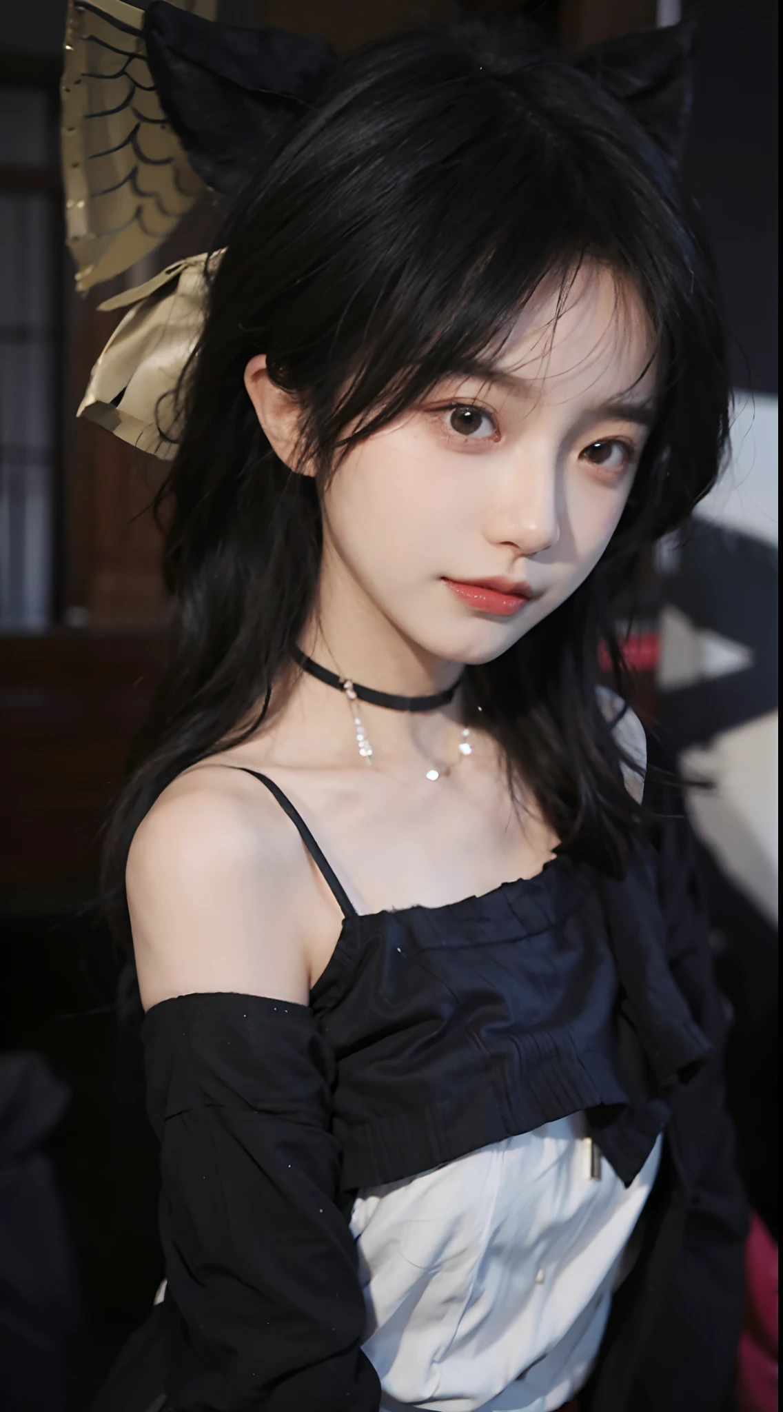 best qualtiy, 超高分辨率, (realisticlying:1.4),Baoyu Girl,1girll, with long coiled hair,Bring a black mask,Looking into the distance,nedium breasts,cute clothing,a sense of atmosphere,Beautiful woman with a slim figure:1.4, Ultra-fine face,Elaborate Eyes,二重まぶた,choker necklace