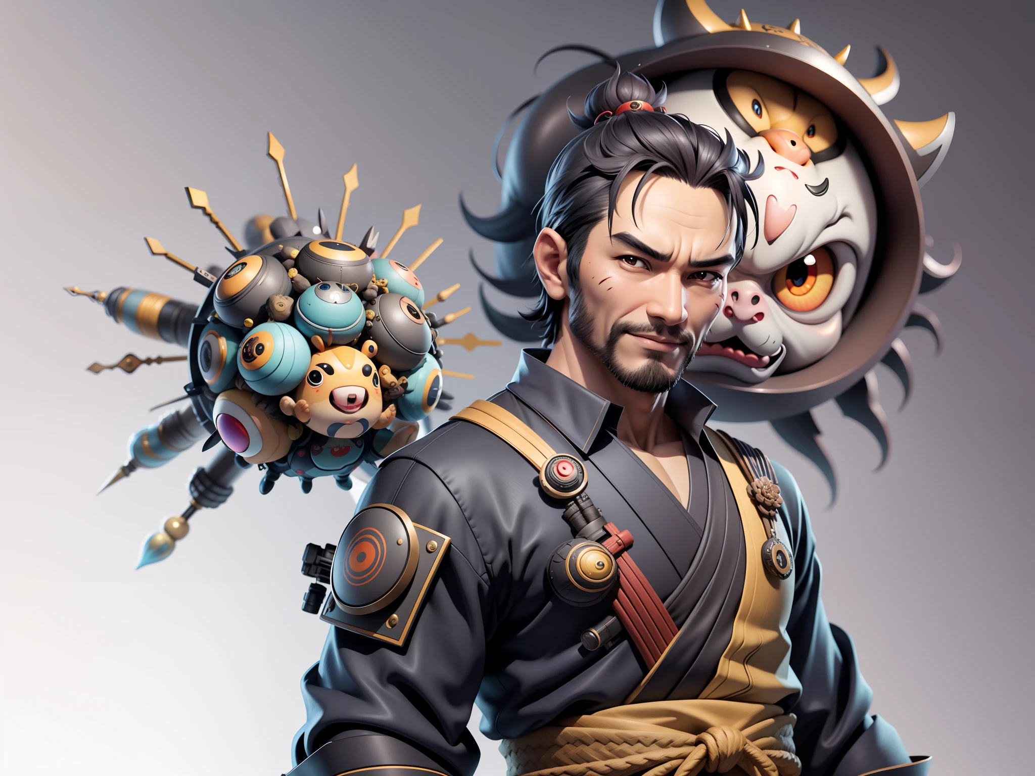 (Daisaku),(Need),(Super meticulous),(full bodyesbian:1.2),Super young man with Japanese geisha,Beautiful,orient,one tiger,Aeolian Thor,Raised sexy,爆乳,Oriental face,TV Anchor,Bust portrait illustration,In black suit,a blue tie,The face is slightly chubby,The face was clean,without a beard,Black super short hair,Black eyes,Smile confidently,3C computer sub-products,iPad, iphone,Digital painting,3D character design by Mark Clairen and Pixar and Hayao Miyazaki and Akira Toriyama,The illustration is a high-definition illustration in 4K resolution,With very detailed facial features and cartoon-style visuals。