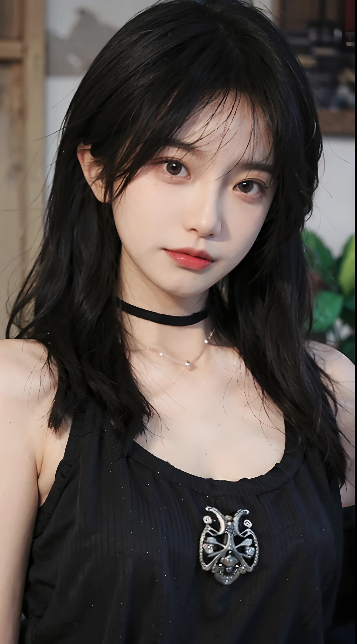 best quality， ultra high resolution， （In reality：1.4），Bao Yu Girl，1 girl, With long curly hair，bring a black mask，looking into the distance，Nedium Chest，cute clothes，Atmospheric feeling，Beautiful woman with a slender body:1.4, ultra fine face，Exquisite eyes，double eyelid，choker necklace