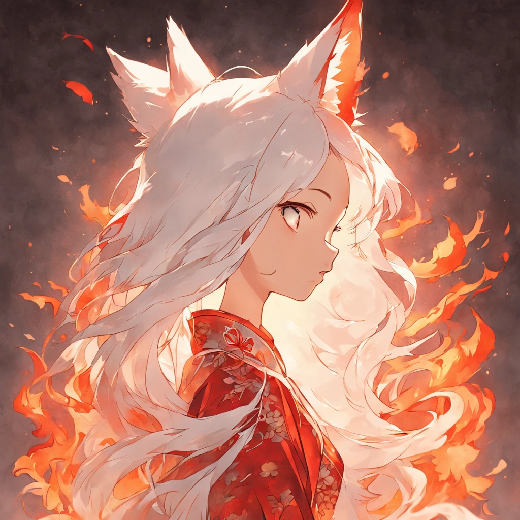 (White background:1.4),(Silhouette of a girl's head, Eyes closed, Long white hair,White fox ears，Has 9 fluffy fox tails，The tail has a flaming red color at the end， Oriental elements)，(Chinese illustration:1.3，paper art:1.3, Quilted paper art:1.2),( reasonable design, Clear lines, High sharpness,Best quality, Very detailed, Masterpiece, movie light effect, 4K )