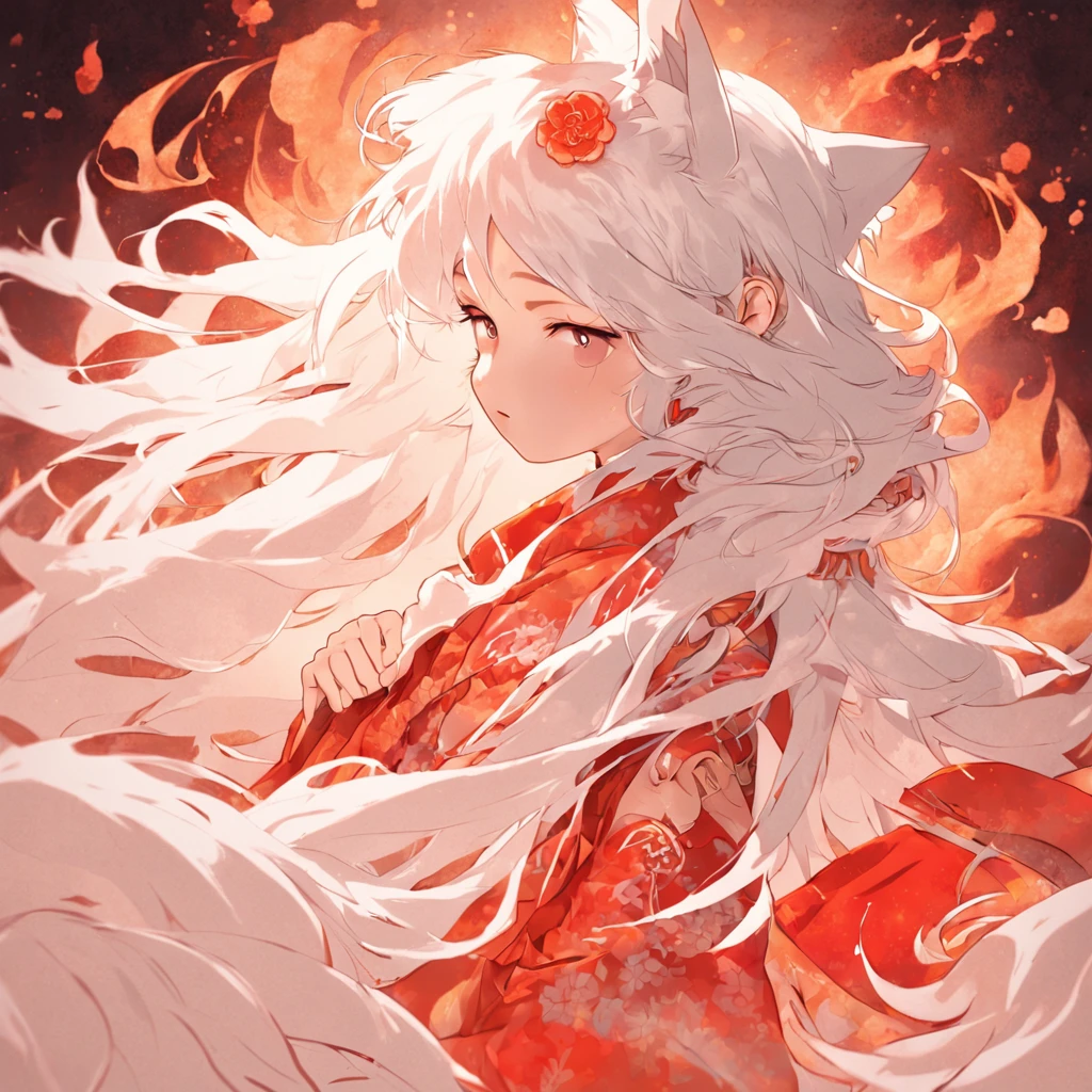 Sticker. Beautiful cute little   with white nine tailed fox, Japanese mythical creatures,lines around it. 16k vector. Perfect symmetry. Contest winner white background