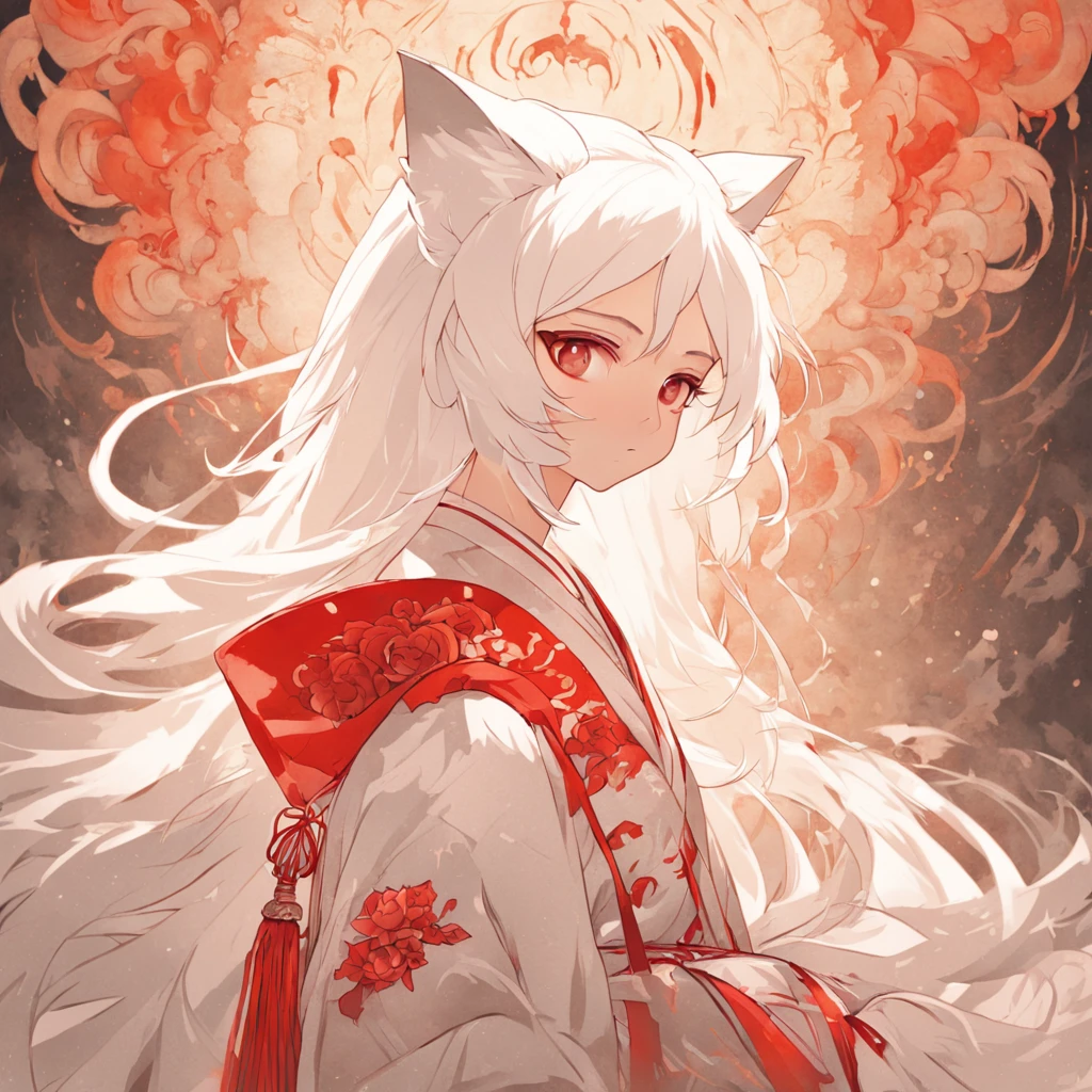 (White background:1.4),(Silhouette of a girl's head, Eyes closed, Long white hair,White fox ears，Has 9 fluffy fox tails，The tail has a flaming red color at the end， Oriental elements)，(Chinese illustration:1.3，paper art:1.3, Quilted paper art:1.2),( reasonable design, Clear lines, High sharpness,Best quality, Very detailed, Masterpiece, movie light effect, 4K )