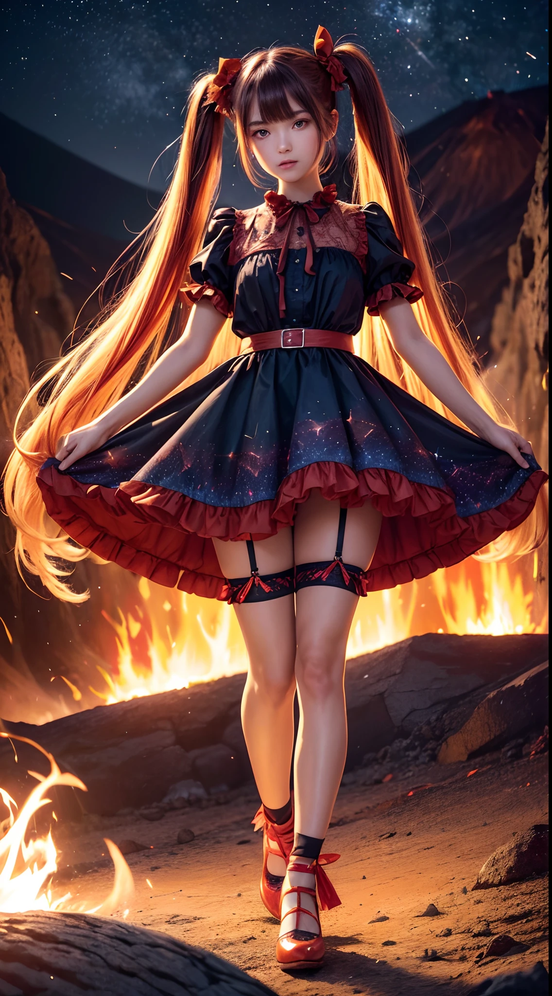 (fullbody, legs and shoes visible: 1.2)) expressive eyes, woman, pale skin, long hair, windblown hair, ((long hair)), long sidelocks, hime bangs, hair fringe, hair bun, ((long twintails)), flaming hair, red hair, blushing, full face blushing, big sparkling glowing red eyes, (gradient eyes), open mouth smile, cute pose,
flowy flaming dress, ((dark multicolored open dress)), (floating fire), orange ruffles, yellow frills, (light red lace), detached short sleeves, puffy skirt, ((fire and stars print skirt : 1.3)), lolita skirt, dark red bows, ((pompon ribbons hair ornament : 1.4)), multiple bows, striped lace stockings, (heart shaped leg garter), cute (dark orange) shoes ((hyperdetailed clothing and fashion)) looking at you, vintage girl, blushing, (beautiful detailed eyes), (extremely detailed CG unity 8k wallpaper) (best shadow), ((an extremely delicate and beautiful)), (detailed light), ((depth of field)) big head, big sparkling eyes, moe, splash art, cinematic lighting, frontal view, volumetric lighting maximalist photo illustration 64k resolution high res intricately detailed complex key visual precise linear 
((in the dark lava volcano background, surrounded by smoking hot lava, shooting stars, volcano)) ((hyperdetailed scenery, foggy, darkness : 1.3))