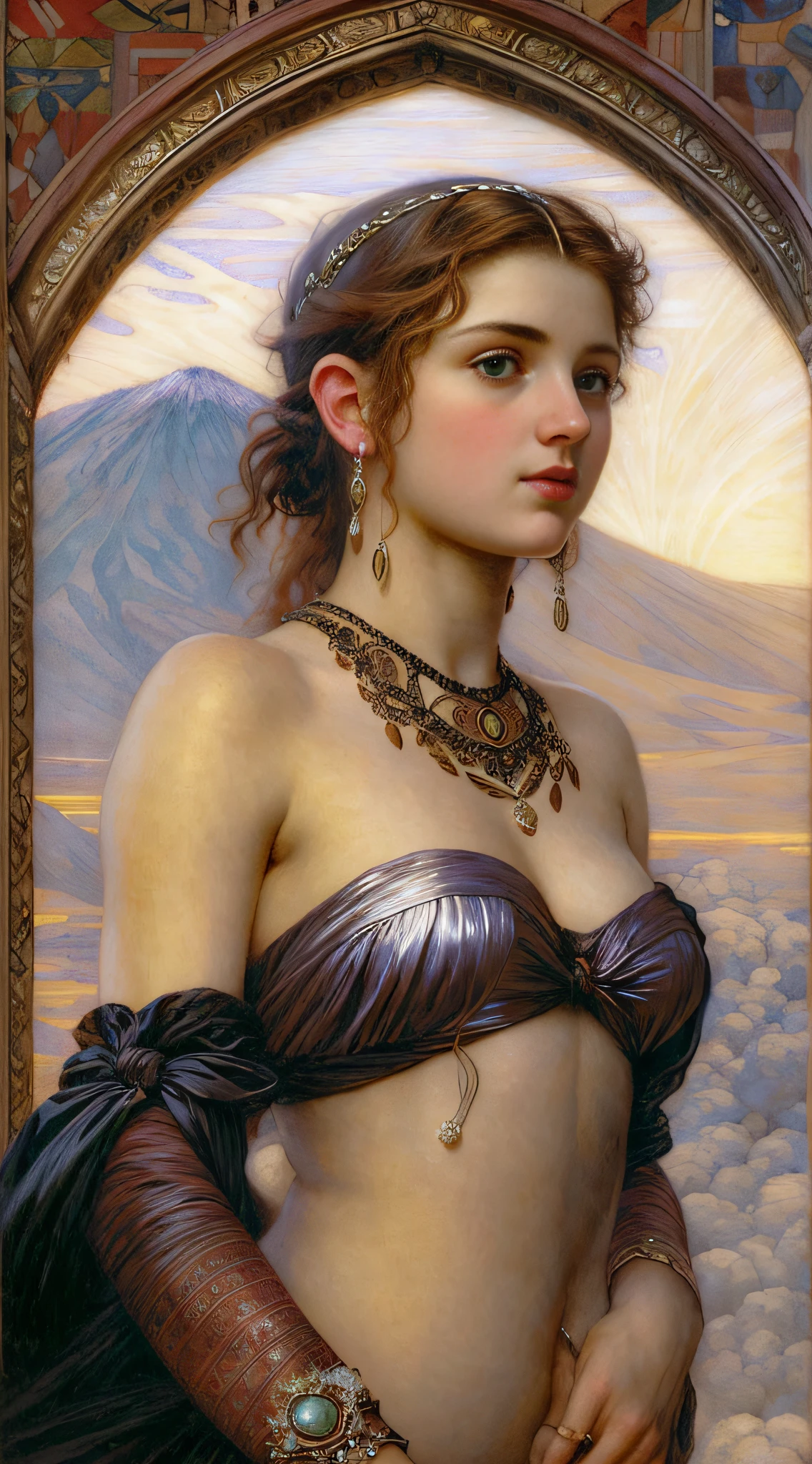 RAW picture, photoreal full length 18 yo english young slim athletic woman, classical sorceress, gothic, blue eyes, dark makeup, short dark pink hair, jeweled glowing headband, natural pale skin texture, heavy silver jewelry, body jewelry, wielding magic, lightning, red sunset, volcano mountain landscape background, low light, finely drawn face, finely drawn hands, high quality, photorealism, sensual, pre-raphaelite, j.w. waterhouse, alma-tadema, erotic, gothic