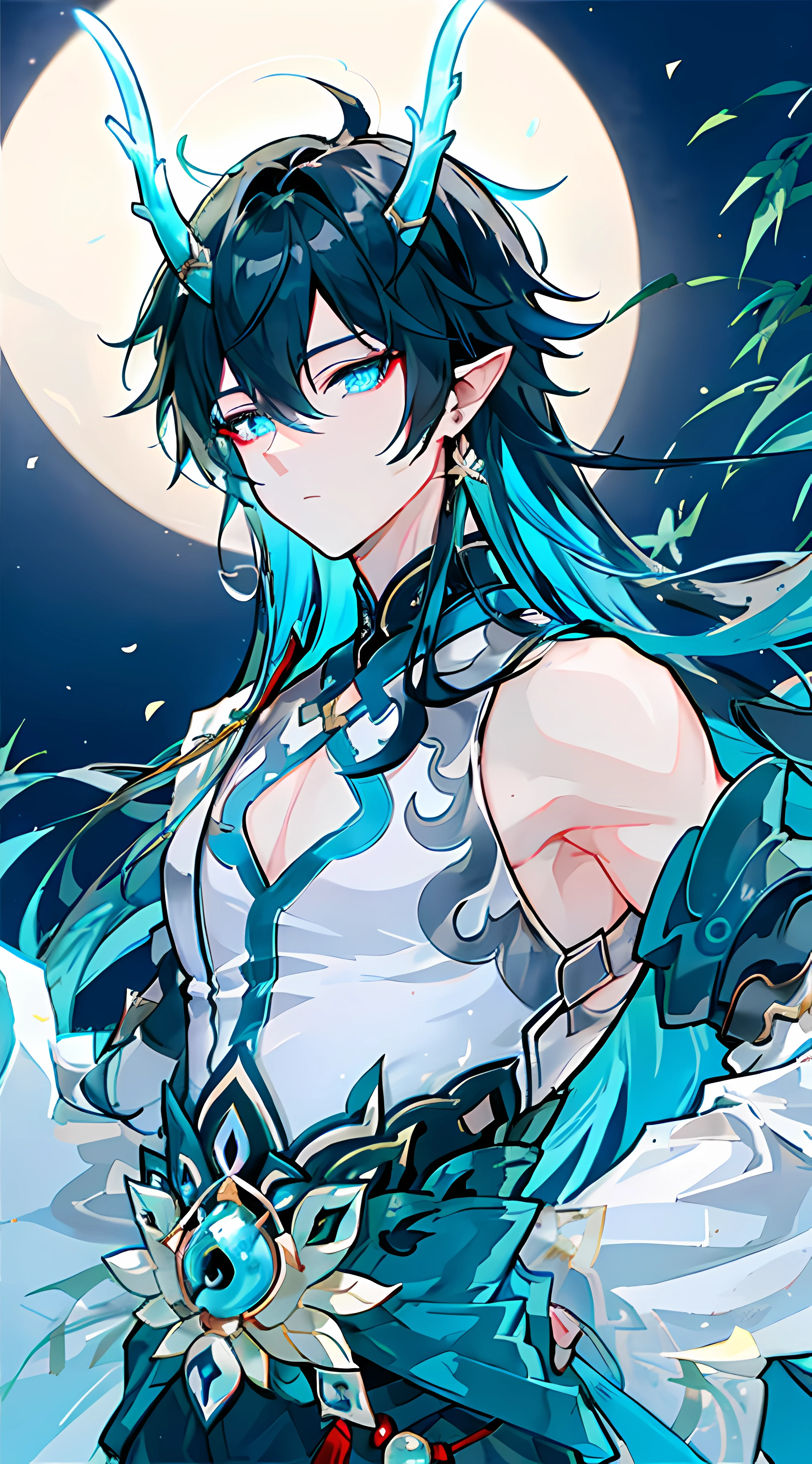 Silver Moon-kun\(Character\),Dragon 1\(Features\),Promenade,parapets,smog,Backlight,Book in hand,Chinese-style corridor,Bamboo,The background is an ancient landscape，bamboo forrest，Small pavilion，blue-sky，Bust，Exquisite facial features，Close-up，closeup of face，Super delicate facial features，high-definition picture quality