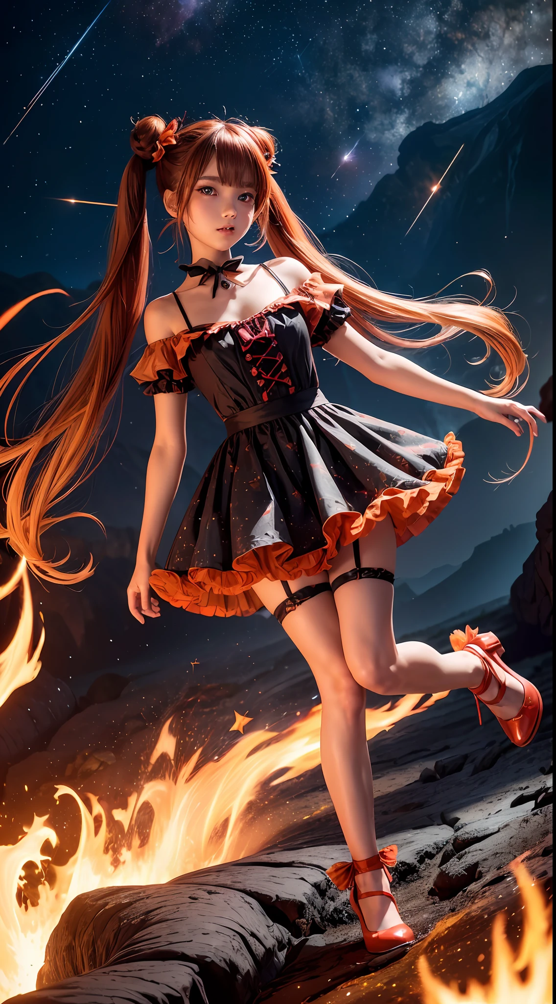 (fullbody, legs and shoes visible: 1.2)) expressive eyes, woman, pale skin, long hair, windblown hair, ((long hair)), long sidelocks, hime bangs, hair fringe, hair bun, ((long twintails)), flaming hair, red hair, blushing, full face blushing, big sparkling glowing red eyes, (gradient eyes), open mouth smile, cute pose,
flowy flaming dress, ((dark multicolored open dress)), (floating fire), orange ruffles, yellow frills, (light red lace), detached short sleeves, puffy skirt, ((fire and stars print skirt : 1.3)), ta skirt, dark red bows, ((pompon ribbons hair ornament : 1.4)), multiple bows, striped lace stockings, (heart shaped leg garter), cute (dark orange) shoes ((hyperdetailed clothing and fashion)) looking at you, vintage girl, blushing, (beautiful detailed eyes), (extremely detailed CG unity 8k wallpaper) (best shadow), ((an extremely delicate and beautiful)), (detailed light), ((depth of field)) big head, big sparkling eyes, moe, splash art, cinematic lighting, frontal view, volumetric lighting maximalist photo illustration 64k resolution high res intricately detailed complex key visual precise linear
((in the dark lava volcano background, surrounded by smoking hot lava, shooting stars, volcano)) ((hyperdetailed scenery, foggy, darkness : 1.3))