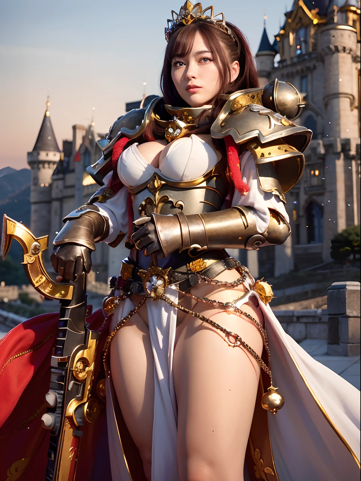 Professional , ​masterpiece、top-quality、photos realistic , depth of fields （Gemstone Silver Metal Body:1.９),(Matte Silver、Jewel Gold Weapon、（Gorgeous castle background）、（Jewel White Metal Body:1.４),（（Gorgeous Jewel Metal Weapons）） , （（Holding the Sword of Heroes）） ,（close-up，dream magical，tornado ）   ,(Micro Bikini Armor),warhammer 40k , adepta sororitas,Detail and ornate jewel crown、Brown hair、（Gangle's forest background）、１a person、dynamic ungle,(((Diamond tiara with detail and luxury)))、a small face、A smile、Powerful poses、（Gorgeous castle background）、huge filesize、20 year old beautiful woman、Stand in the center of the screen、Thin female fingers、Straight long hair、Beautiful Caucasian beauty、Mystical expression、Lightly open your mouth、,Luminescent particles,light scattering,Tindall Effect、Fighting、japanes、