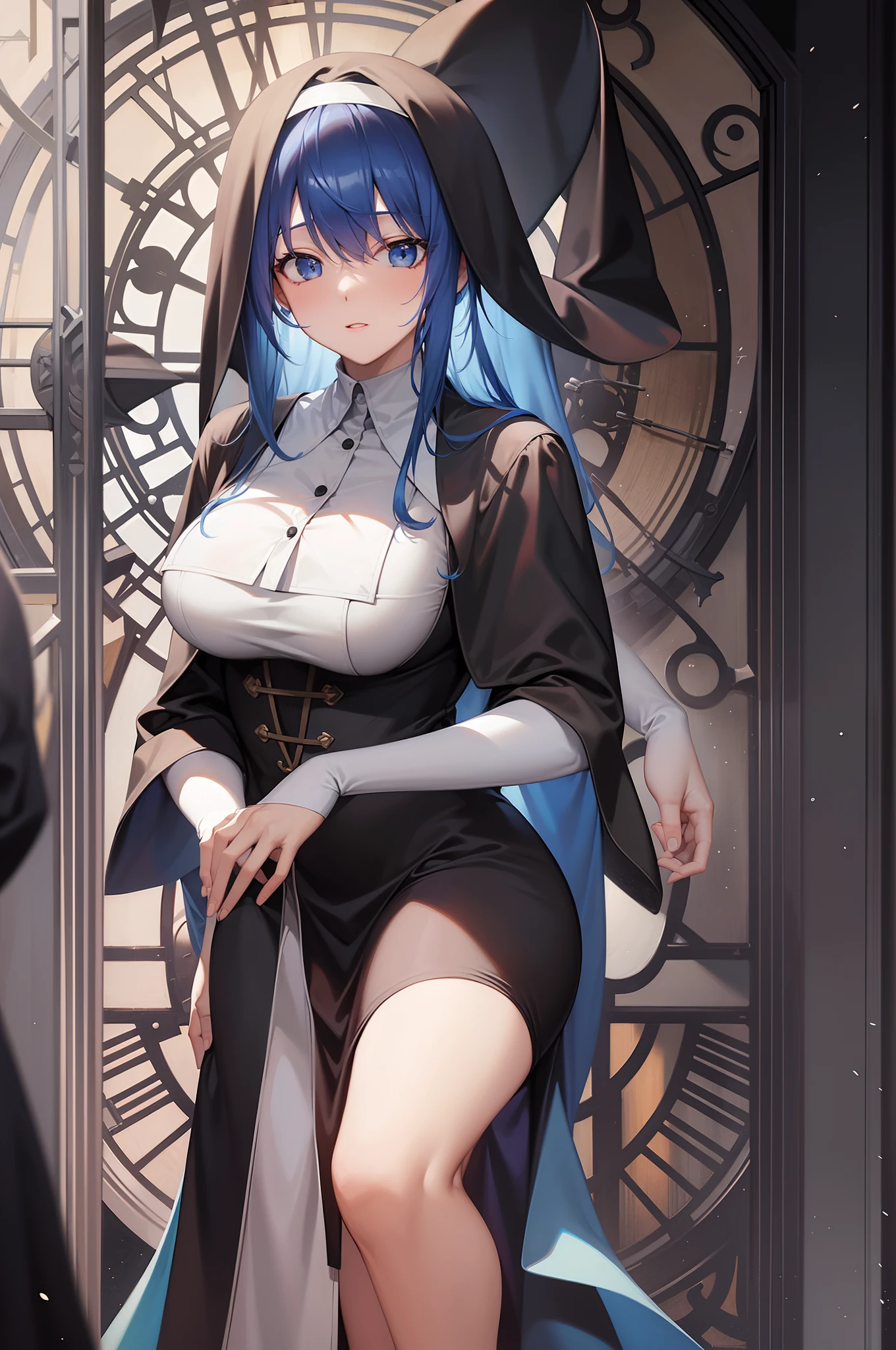 ((masterpiece)),(best quality),(detailed),(1girl), Blue hair, Blue light eyes, updo, white shirt, Black dress, looks down on a viewer,ultraclear,Ultra-clear resolution