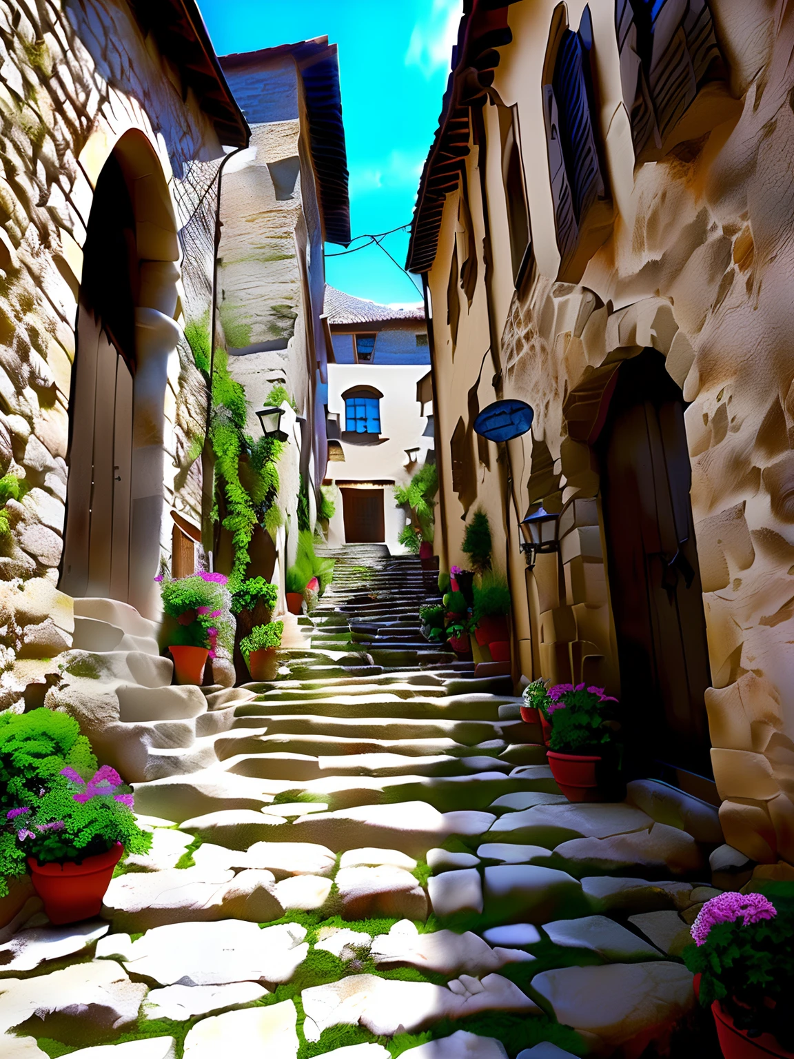 There is a narrow alley,Stone steps lead to the building, ancient city streets behind her, villages , illusory engine, render in unreal engine 5, made in unreal engine 5, rendering in Unreal Engine 6, created in unreal engine 5, realistic fantasy rendering, made in unreal engine, Medieval town, rendered in cryengine, made in unreal engine 4, rendered in unrealengine