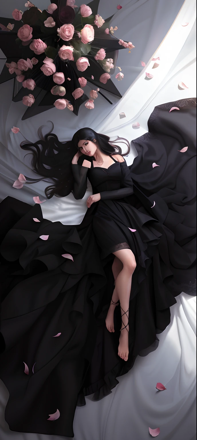 The woman lying on the bed wore a black dress and flowers, Anime girl wearing black dress, Guviz-style artwork, Guviz, Guweiz in Pixiv ArtStation, in the art style of bowater, lovely languid princess, guweiz masterpiece, Guweiz on ArtStation Pixiv, dreamy gothic girl