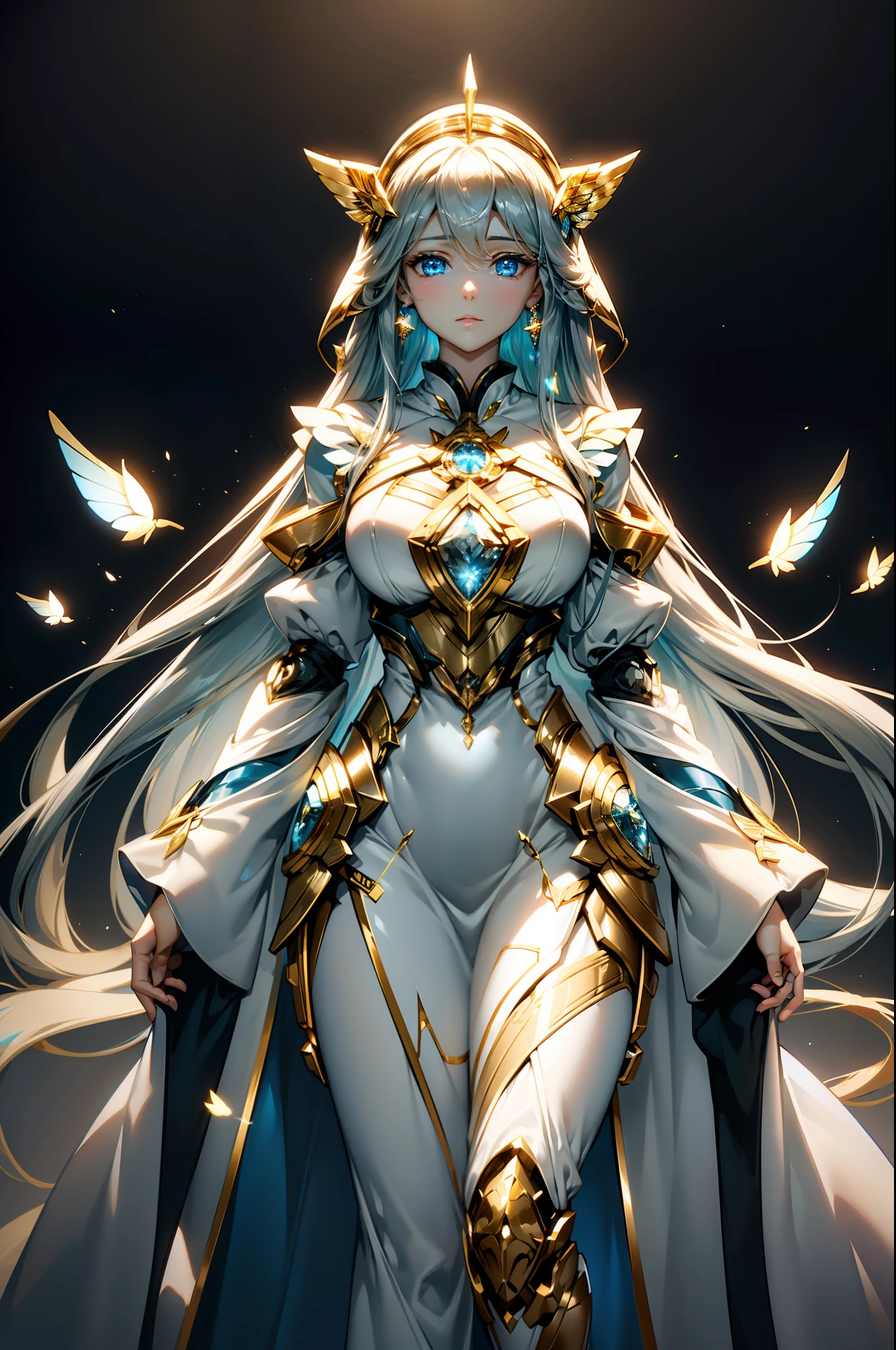 8k、HDR,Beautiful and delicate black semi-long hair、Clear blue eyes、Beautiful lips with transparency、butterflys々Pure white choker in the shape of、Blue dress with chest exposed、Gold heart-shaped earrings、Silver Circlet、Female Android、Mechanical Doll