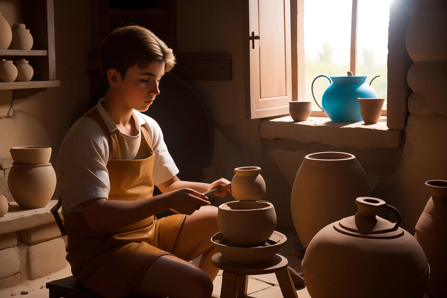 Date: 2014
Country: Bosnia and Herzegovina
Description: A talented teenager sits at a pottery wheel in a sunlit workshop, skillfully shaping a clay vessel with dexterous hands, embodying the rich craftsmanship of the region.