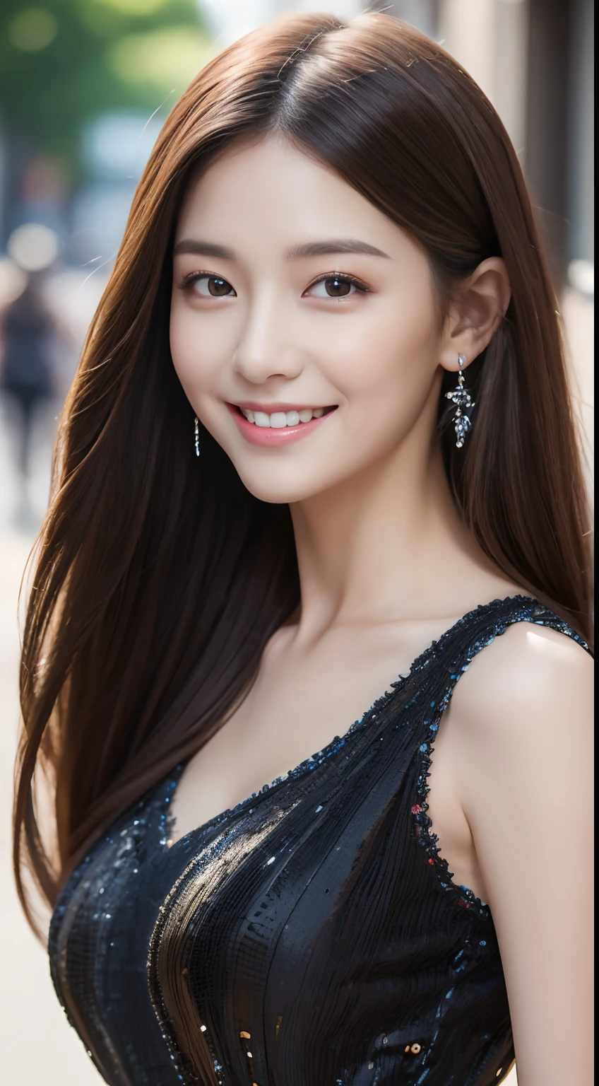 ((Best quality, 8k, Masterpiece :1.3)), 1girl, smiling, full body, slim face, Pretty woman, (Dark brown hair), full length dress :1.1, Ultra-detailed face, Detailed eyes, Double eyelid, blur background, slim face, city, outside, street,