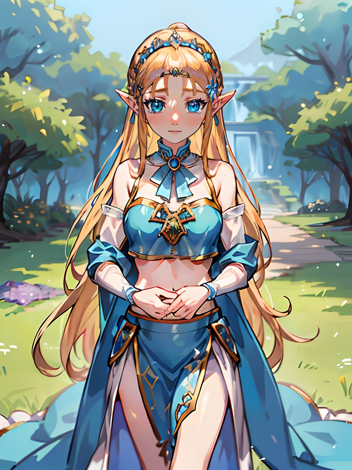 Princess Zelda of the Legend of Zelda: Tears of the Kingdom,Beautiful and quiet scene,Behind him is a sea of flowers,Princess Zelda of the Legend of Zelda: Tears of the Kingdom,Beautiful and quiet scene,Behind him is a sea of flowers,Slightly exposed navel and shoulders,There was a prairie behind her,Beautiful and charming。