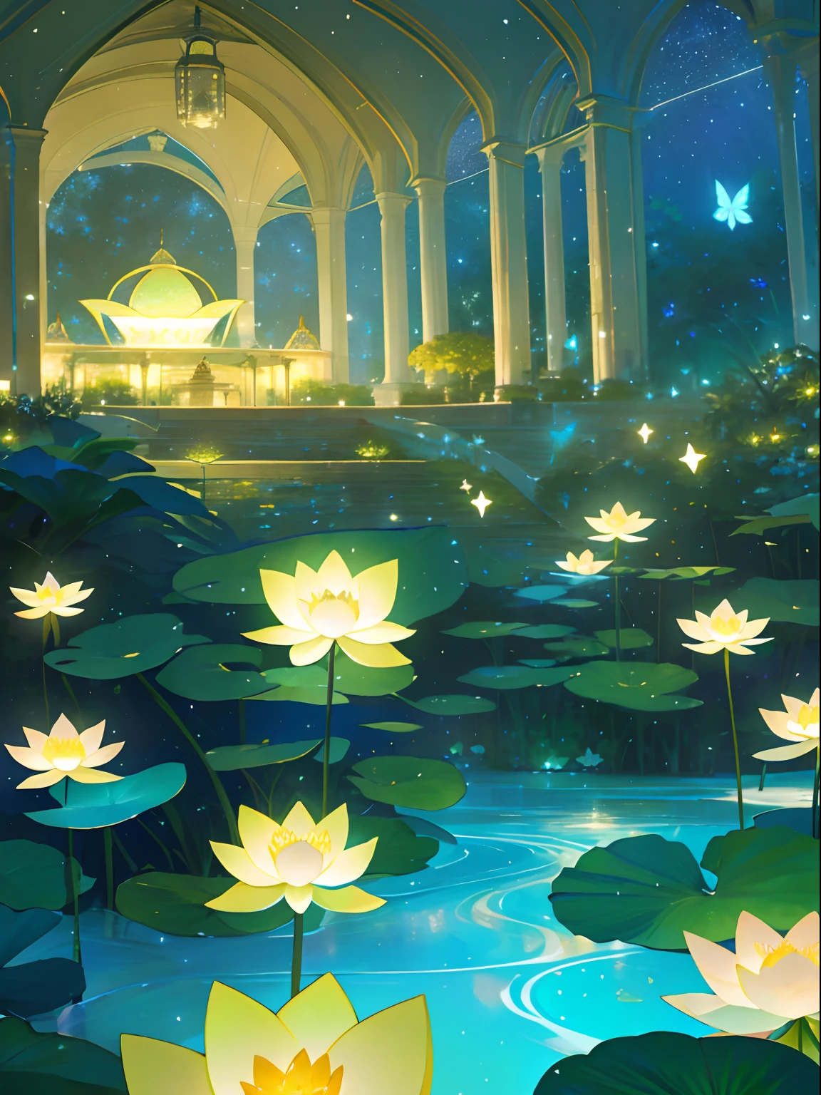 (top quality, masterpiece, ultra-realistic), night, starry skies, magical indoor botanical garden, dome, sparkling bioluminescent river, lots of flowers, lotus, glowing butterflies, background landscape is a garden with petals and papas flying around. --v6
