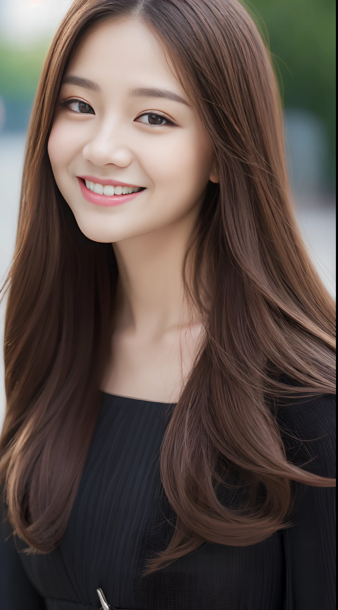 ((top-quality、8k、masterpiece:1.3))、1girl in、a smile、full bodyesbian、Slim Faces、Pretty women、(dark brown hair)、Full-length dresses:1.1、hyperdetailed face、A detailed eye、二重まぶた、blured background、Slim Faces、城市、takeout、a street、Laughter、Emphasis on double teeth、