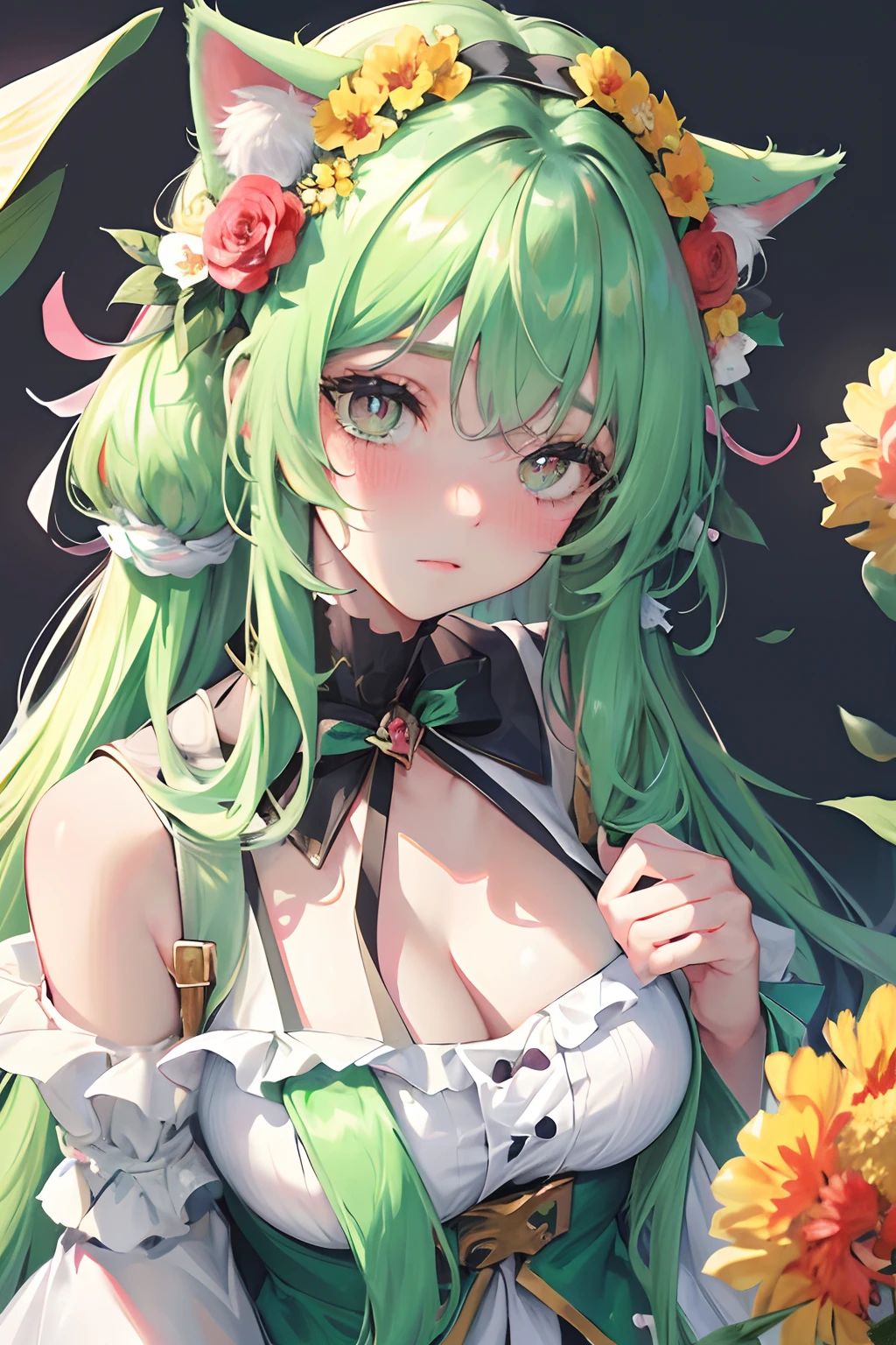 very long hair, flower on head, cat ears, bright pupils, blush, Monet, anaglyph, Fujicolor, outside border, from above, UHD, masterpiece, ccurate, textured skin, 4K, best quality, highres, high quality, UHD, masterpiece, textured skin, highres, best quality, high quality, 4K