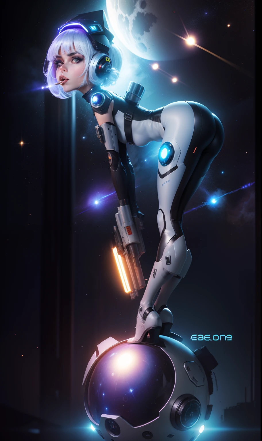 space scene girl laser gun, leaning forward at the waist 90 degrees, standing on her tip toes in heals just a bit sexy, a kind of dare me expression on her face, head and eyes turn to camera, helmet on clear visor, smoking a lit cigarette in her mouth, dystopian moon planet, cg art painting 24k resolution, hyperdetailed