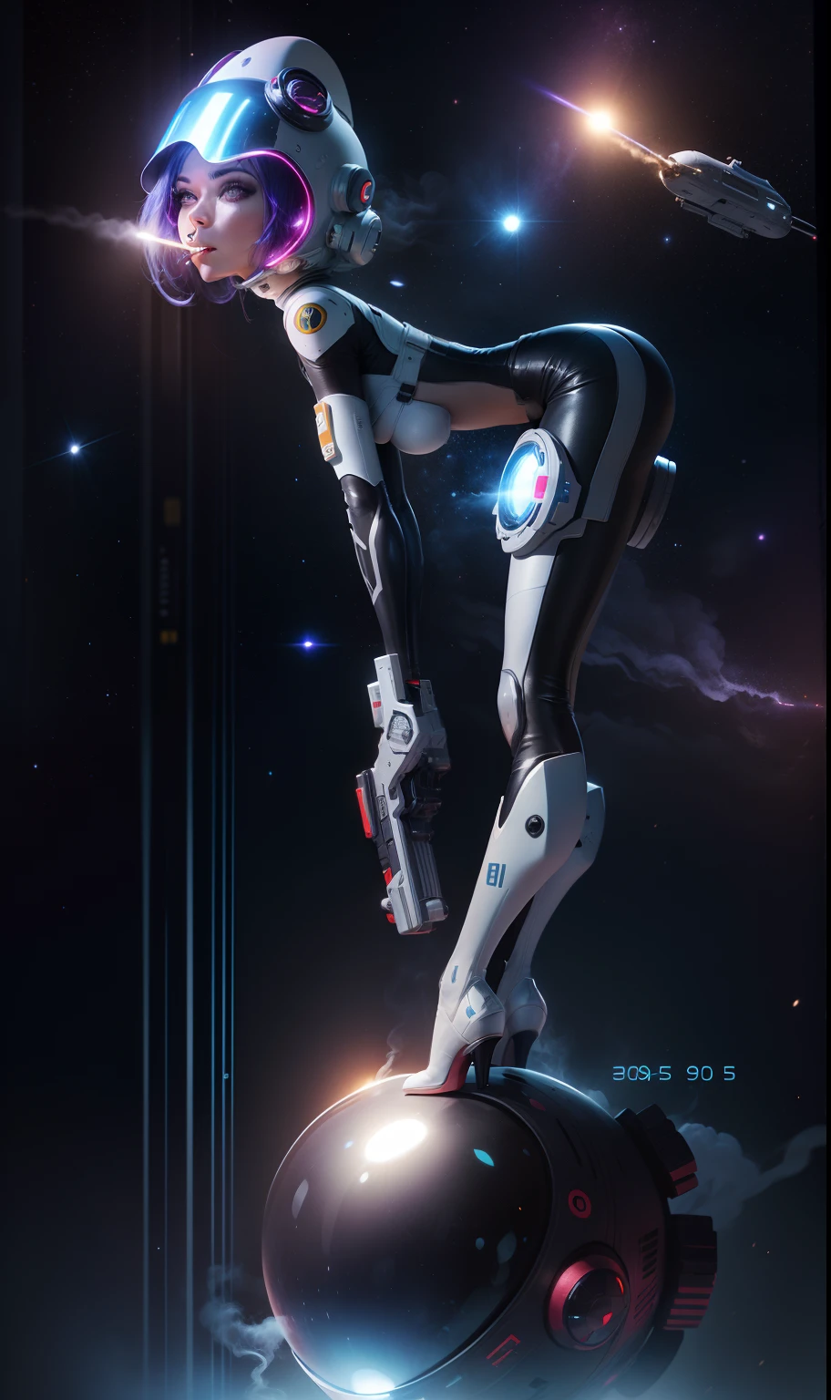 space scene girl laser gun, leaning forward at the waist 90 degrees, standing on her tip toes in heals just a bit sexy, a kind of dare me expression on her face, head and eyes turn to camera, helmet on clear visor, smoking a lit cigarette in her mouth, dystopian moon planet, cg art painting 24k resolution, hyperdetailed