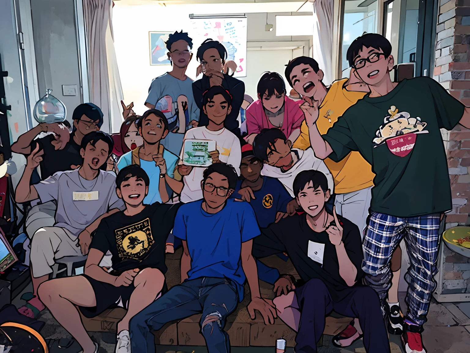 there are many people posing for a picture together in a room, all from the group nct, group photo, happy birthday, blurred photo, anime party of friend of wisdom, masterpiece!!!, masterpiece!!, profile pic, a picture, birthday party, taken in the early 2020s, masterpiece, by Kim Jeong-hui, at a birthday party, old picture