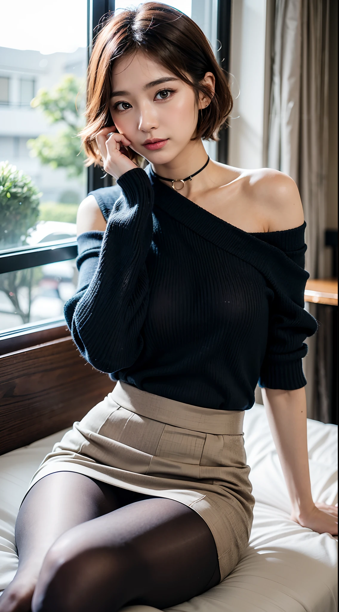 8K UHD, digital SLR camera, filmgrain, FUJI XT3,(best qualtiy:1.3), (tmasterpiece:1.1), A high resolution, cinematric light, Complicated details, (realisticlying), takeout, Beautiful outside, and the sun was shining brightly,
Korean girls,30 age old,(at a bar:1.5) , dimple, short detailed hair, looking at viewert, Detailed trees, ribbons, neck bowtie, exposed bare shoulders, ribbed sweater,
pencil skirts,high waist skirt,head rest,sitted,inside in room,
choker necklace,black pantyhoses,Bed linen transport sweater,(ssmile),(full bodyesbian:1.6),Slender,