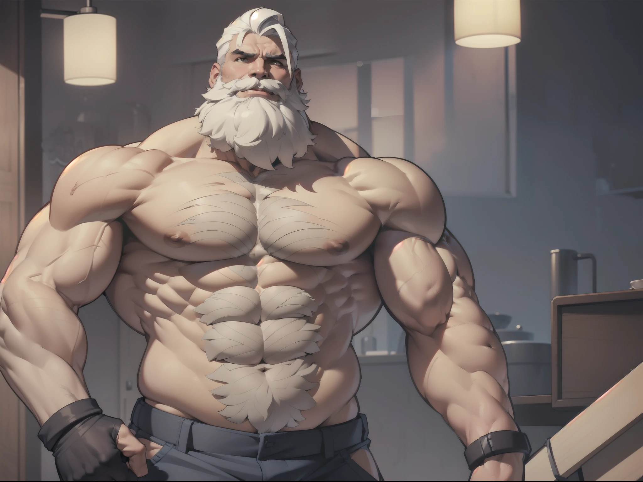 Torso of bearded shirtless topless old muscular man showing armpits, strong chest, strong arms, large muscles, white hair, white beard, muscular, thick abs, pectorals, thick stomach, navel, large pectorals, thick wrists, big body, heavy muscular, tall body, grey training pants, sweating, (chubby: 1)