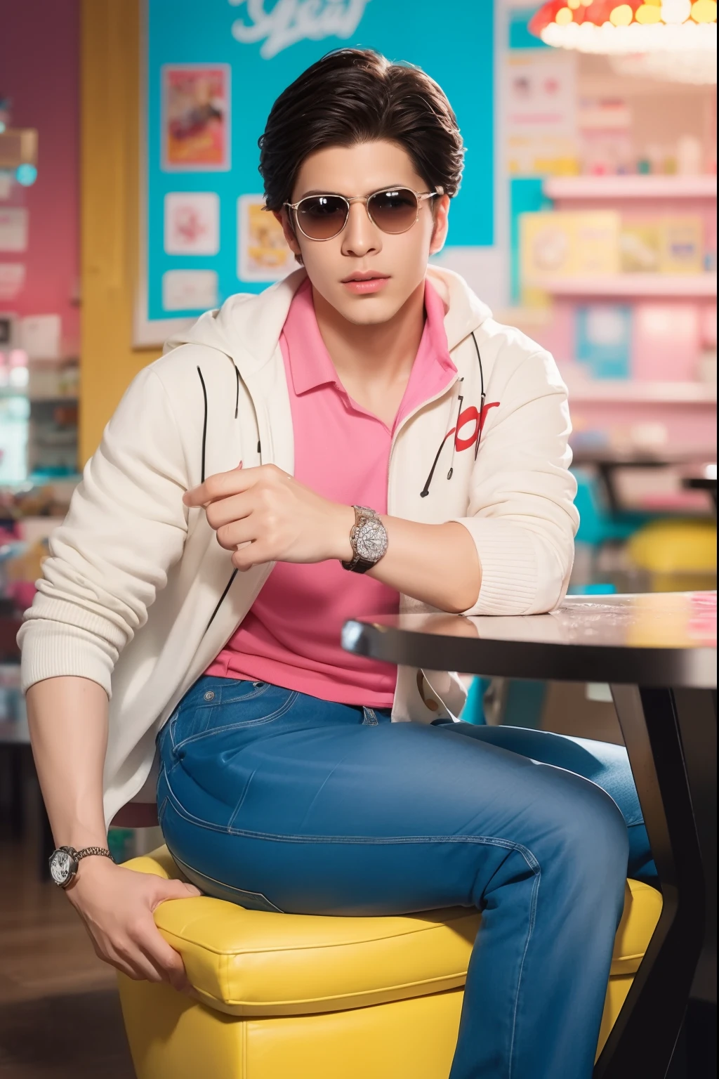Create a hyper-realistic, high-resolution AI-generated image featuring a youthful, athletic male character reminiscent of the 1960s Ken doll from Barbie. He sports a distinctive 50s-inspired yellow blonde "wet back" hairdo, exuding a vibrant and energetic aura. He confidently wears a flamboyant pink and turquoise latex outfit, showcasing his unique style.
Situated in a whimsical ice cream shop adorned with joyful American pop art decor, the man occupies the exact center of the composition. Positioned front and center, he sits gracefully behind a generously-sized sorbet ice cream atop a contemporary table.
The meticulously detailed male protagonist boasts lifelike realism akin to a photograph, meticulously capturing every intricate nuance. The meticulously crafted scene is symmetrically arranged, reminiscent of wide-angle lens photography, offering a panoramic view of the setting.
The overall ambiance is playful and candy-coated, radiating a delightful bubblegum aesthetic. The background generously frames the main character, allowing his vibrancy to shine against the joyful backdrop. The image embodies an AI's interpretation of a photorealistic masterpiece, rendering the scene in high-resolution to accentuate every detail.
