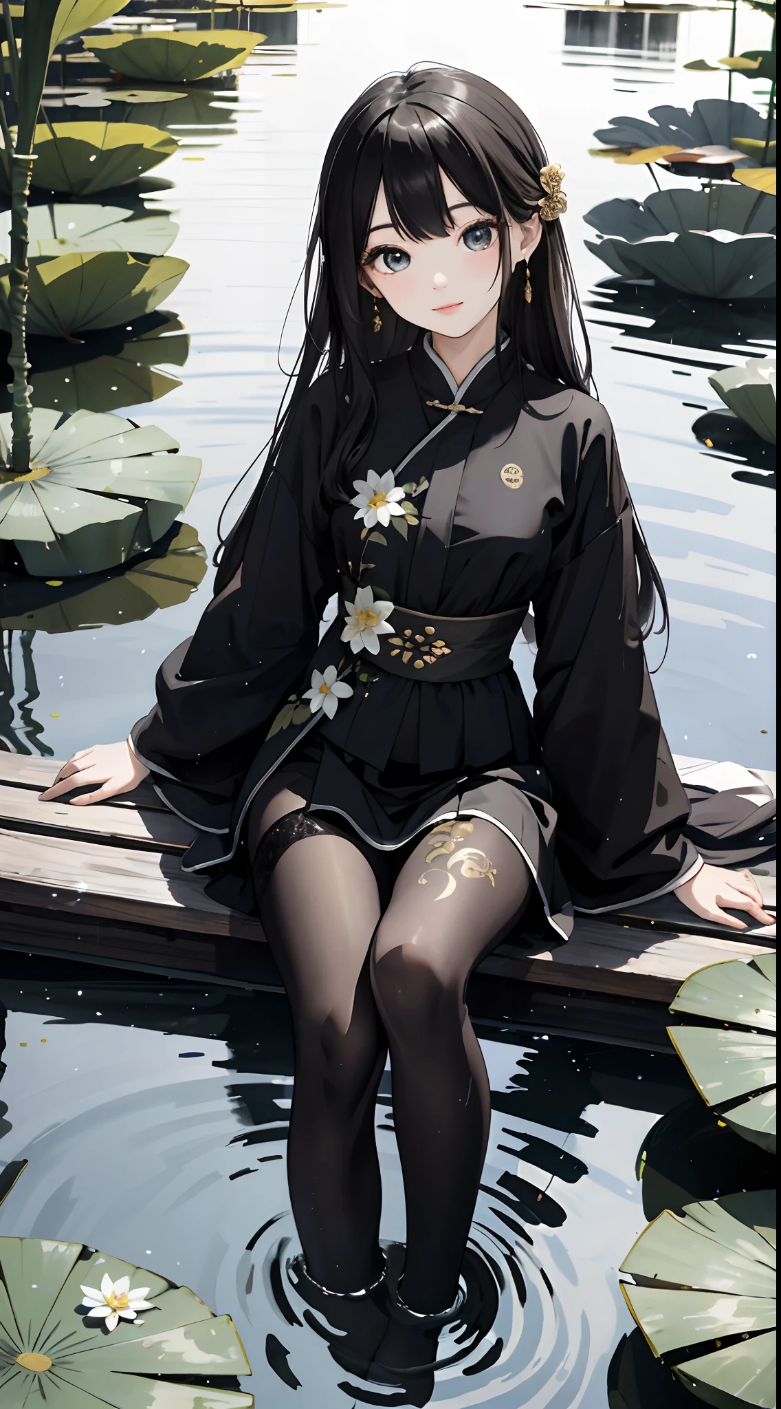 hoang lap，8K high resolution，ultra - detailed，（1girll：1.3），handpainted，Simple lines，-yeld giwearing black Chinese clothing，beuaty girl，In the lotus pond，tmasterpiece，Sit on a plank floating in the water，Floating hair，black pantyhoses，black pantyhoses，looking toward the viewer，ssmile