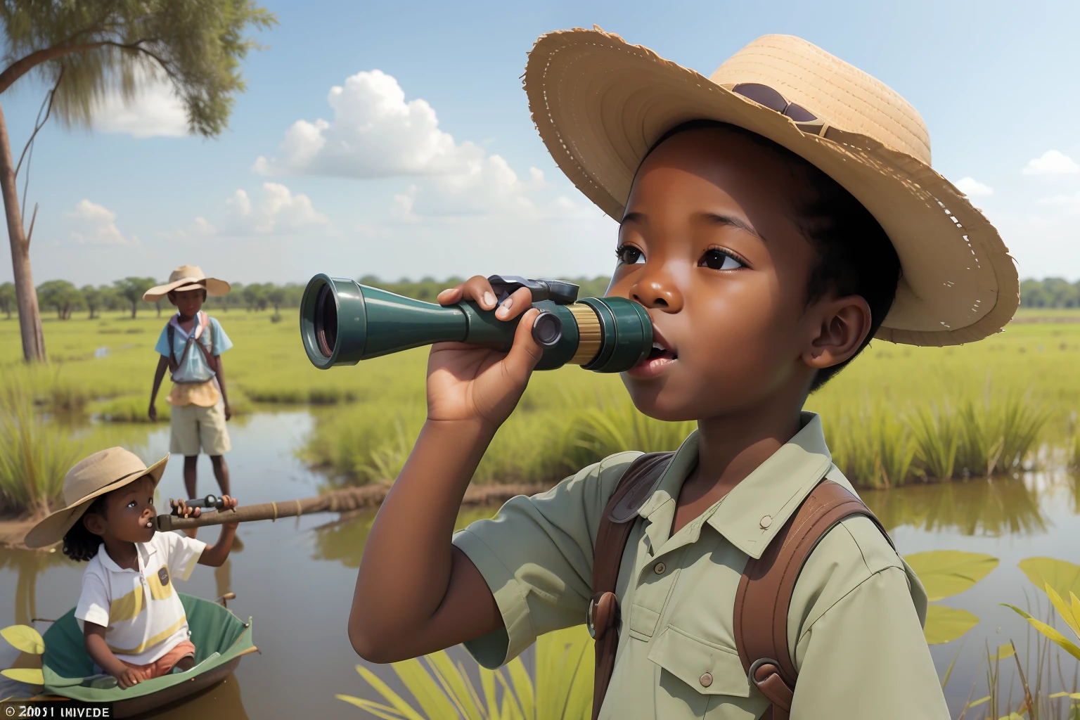 Date: 2009
Country: Botswana
Description: A young child excitedly peers through binoculars on a family safari in the Okavango Delta, their pastel safari outfit blending with the lush surroundings under the golden sun.
