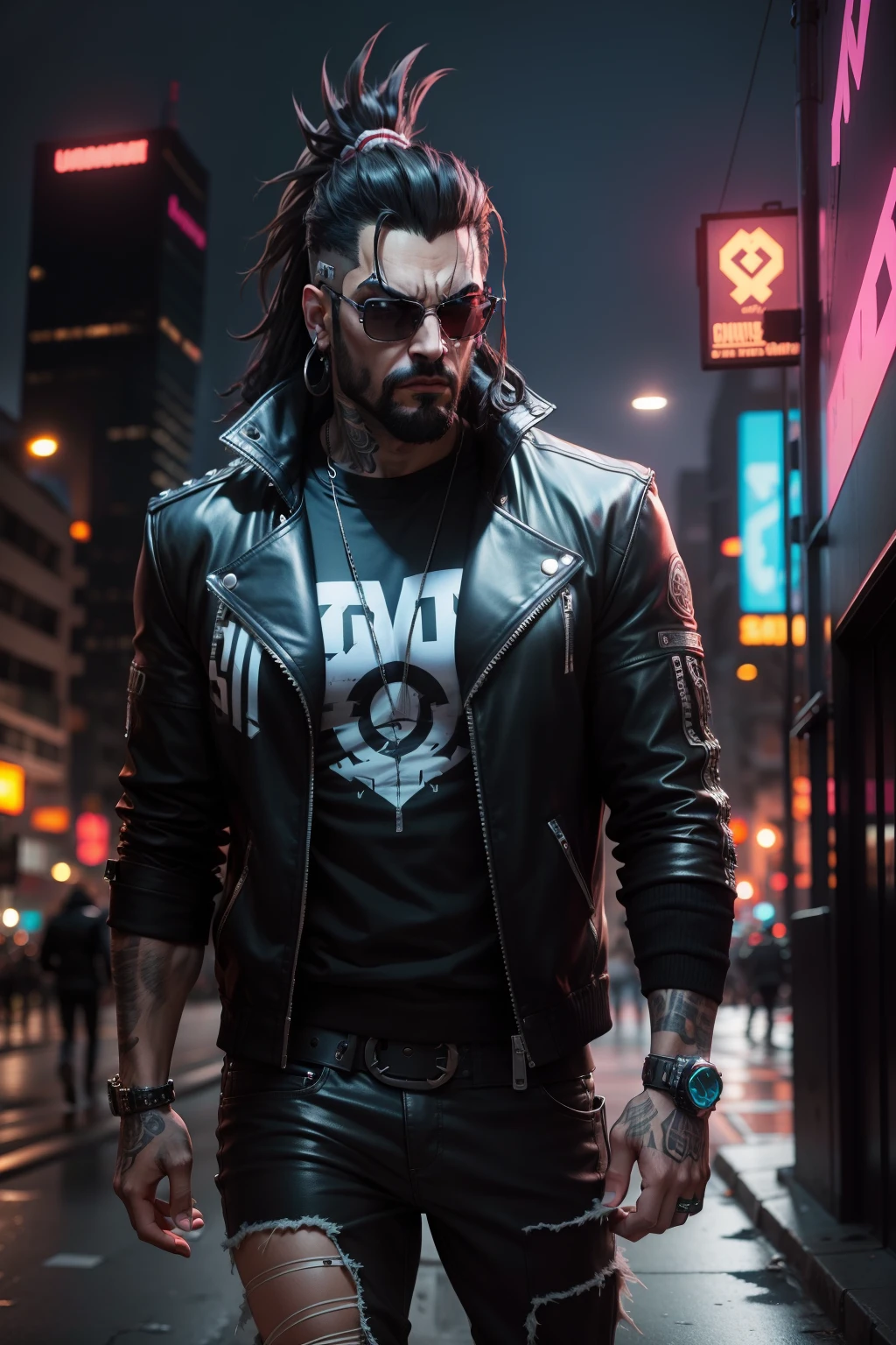 Lobo usando jaqueta hip hop, urbano, cyberpunk,