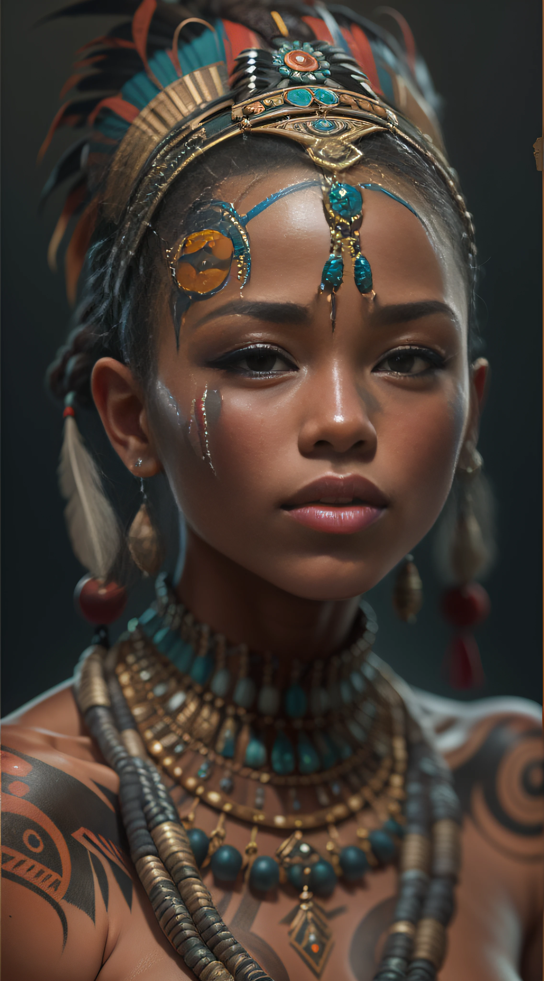 Create a generative painting that captures the unique beauty and complexity of punk female Nubian full body without clothes ((absolutely nude)), asian eyes and nose, tribal feathers, tribal beads, tattoos, enamel, ceramic jewellery, trending on artstation, sharp focus, studio photo, intricate details, highly detailed, 32K resolution, perfect composition, perfect face, ultra detailed