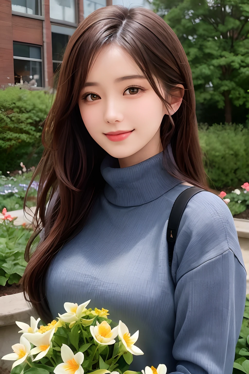 masterpiece,DSLR photo,analog style,nikon d5,real photo,a photo of a beautiful 20 year old woman,dramatic lighting (85mm),with Blooming garden in the background,(detailed facial features),(detailed shiny eyes),dynamic angle,Michelangelo style,long hair,turtleneck sweater,smiling face:1.4,