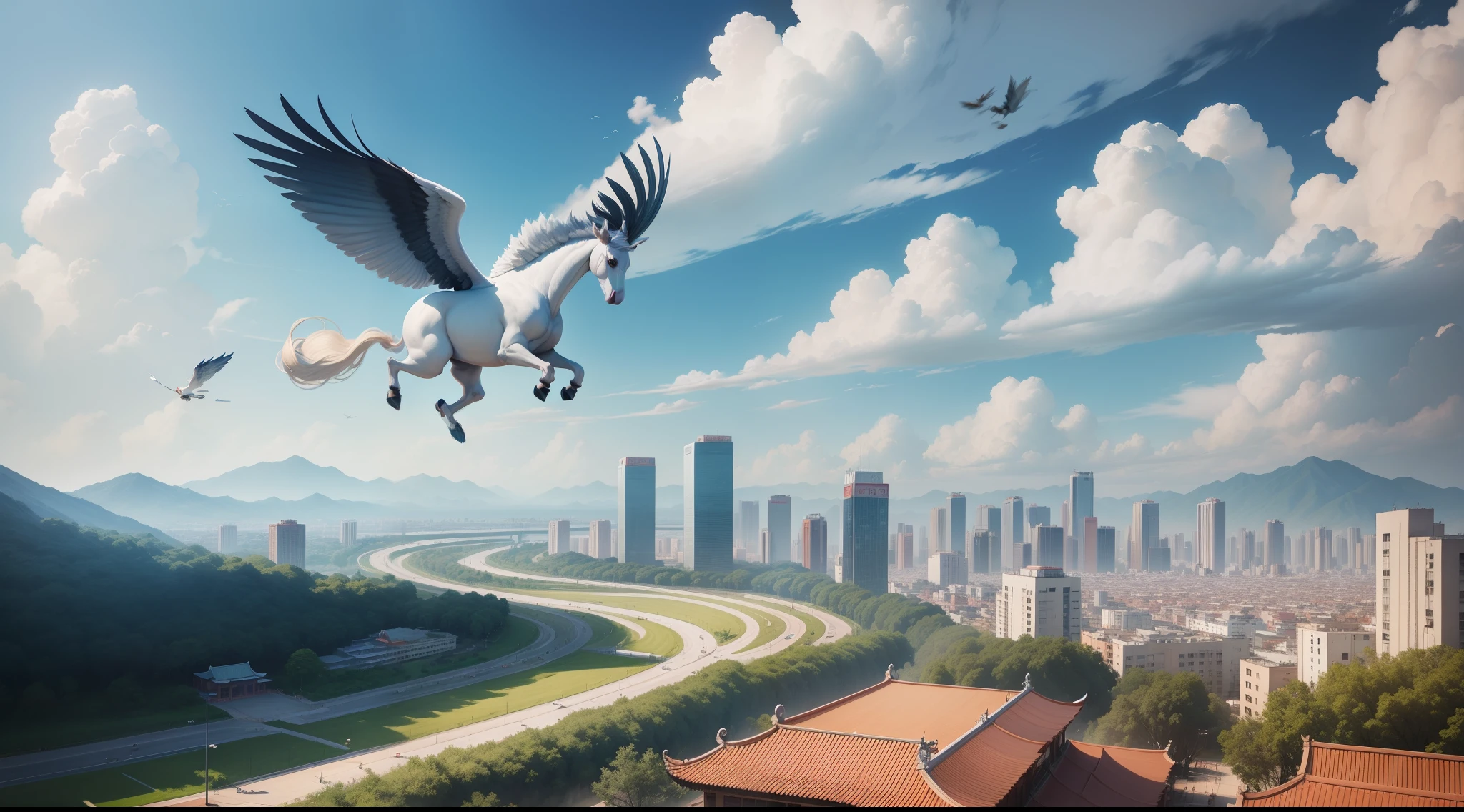 The child flies with a paintbrush，City and park in the distance，baiyun，A pegasus appeared in the clouds in the distance