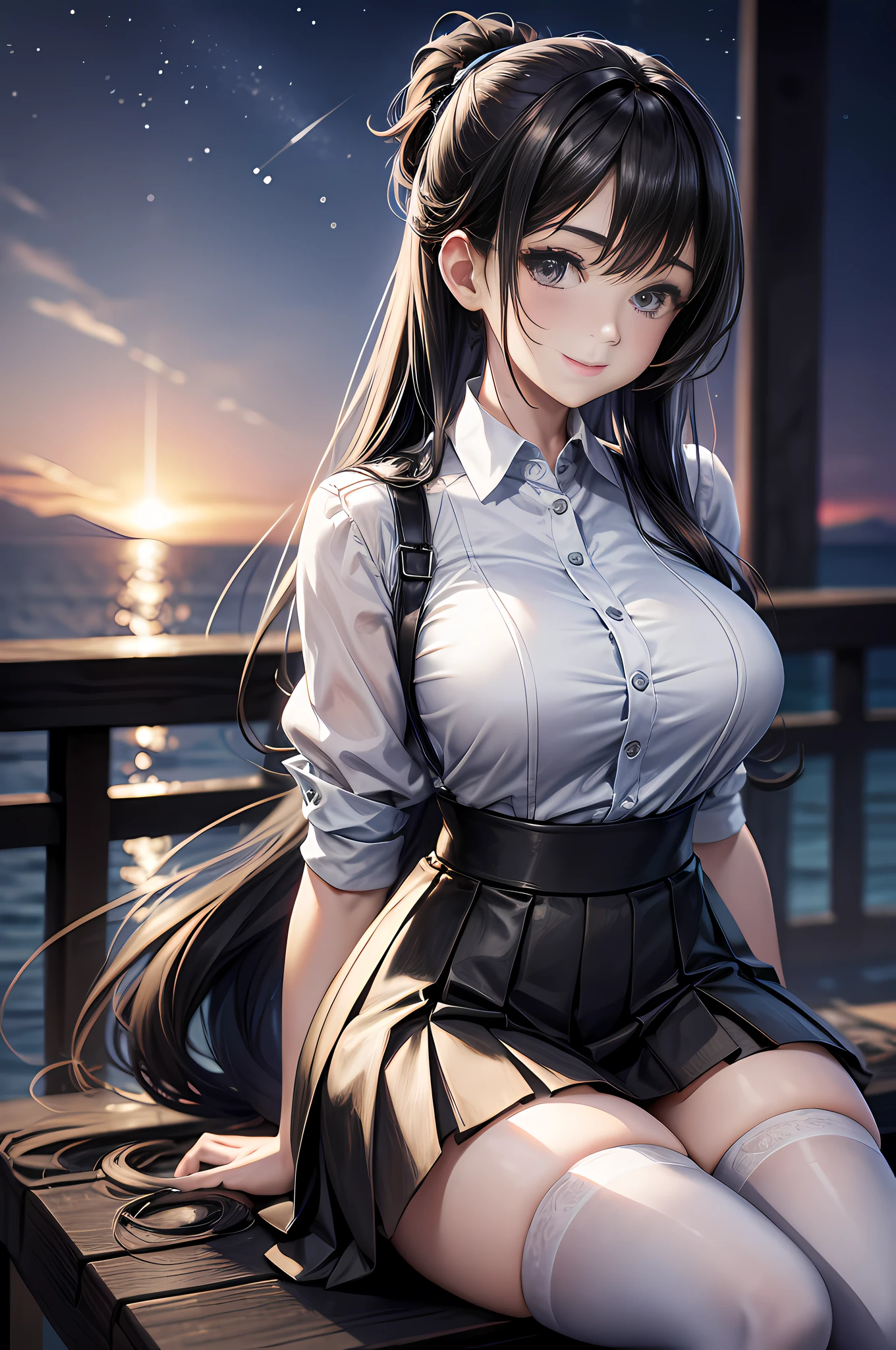 highres, ultra detailed, (1girl:1.3), (dynamic pose):1.0 BREAK, 1 extremely beautiful and glamorous  anime girl sitting on the park bench at night, wearing a white collard shirt and a knee-length long pleats skirt, (black stockings), she has black wavy pony-tail hair style, gigantic-breasted, smile, happy, wind, 8 life size, detailed clothes, detailed body, detailed arms, human hands, detailed hands, upper body shot, hip focus, blush, light smile, looking the viewer, facing the viewer, staring the viewer, Lights are lit around the beach and stars are shining in the sky, studio soft light, cinematic light, detailed background, realistic, ultra-realistic, masterpiece, 32k ultra-sharp image,