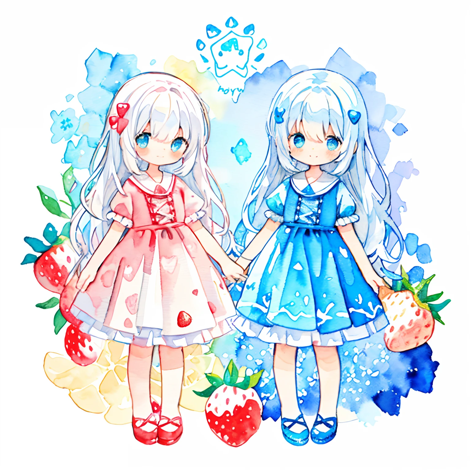 PastelColors:1.5)、(Cute illustration:1.5)、(watercolor paiting:1.2)、Light blue background、girl with、full body Esbian、A smile、Stranger、Light blue all over、Moya、marble、colourfull、jello、Ichigo、strawberry、Jelly Girl、White hair、light blue  eyes