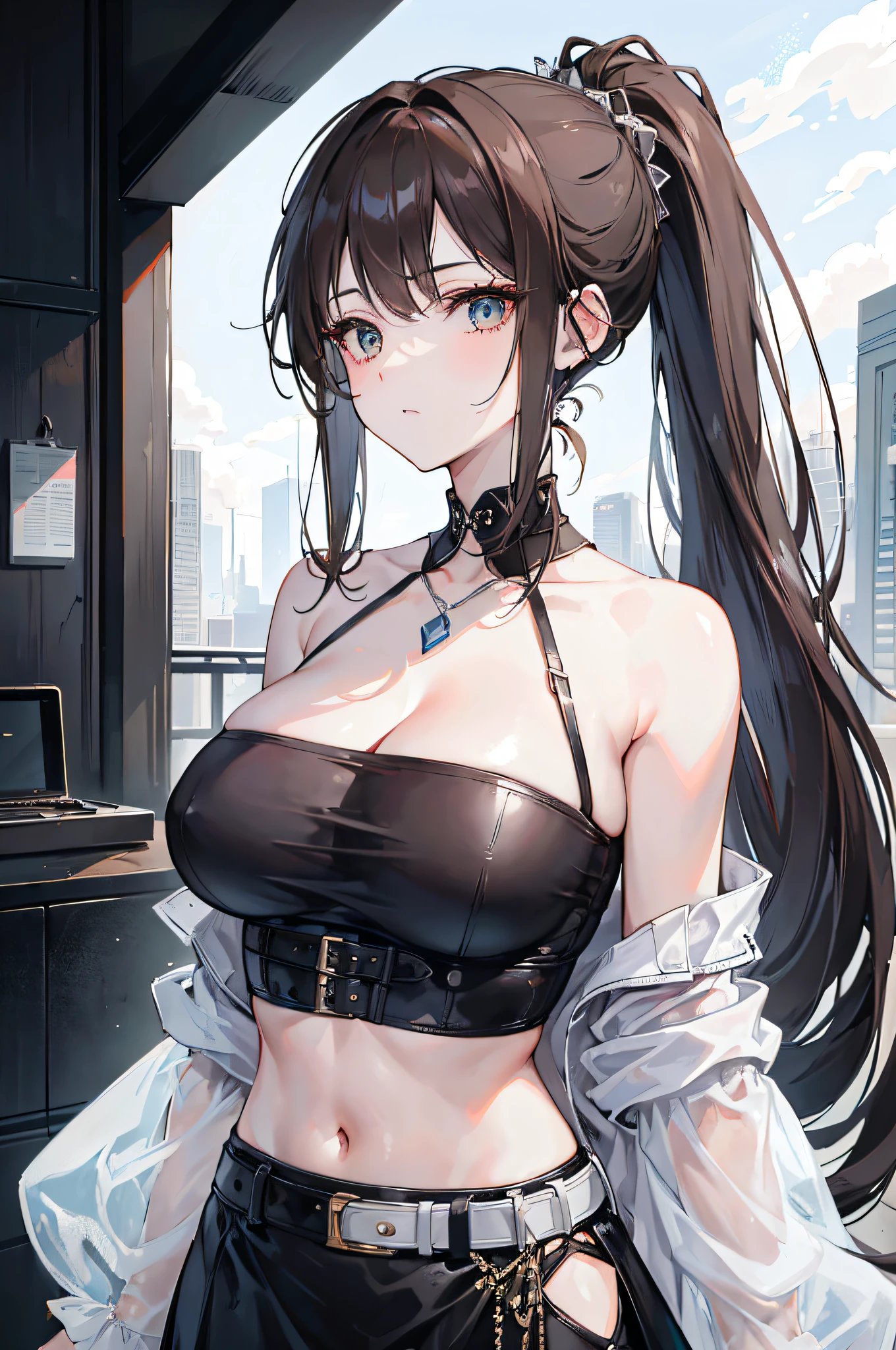 (Best quality, High resolution, Masterpiece :1.3), A tall and pretty mature adult woman, Slender abs, Dark brown hair styled in loose waved ponytail, Breasts, Wearing pendant, loose white crop top with long white sleeves, visible midriff, visible stomache, Belt, Black skirt, (Modern architecture in background), Details exquisitely rendered in the face and skin texture, Detailed eyes, Double eyelid, Cleavage