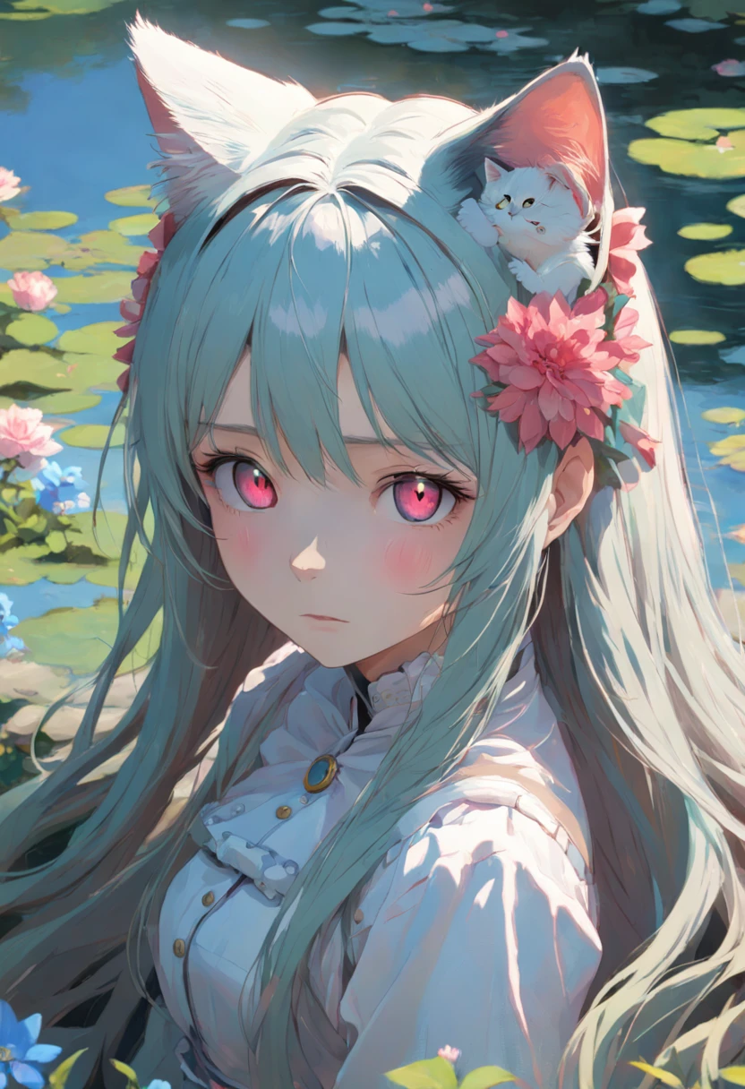 very long hair, flower on head, cat ears, bright pupils, blush, Monet, anaglyph, Fujicolor, outside border, from above, UHD, masterpiece, ccurate, textured skin, 4K, best quality, highres, high quality, UHD, masterpiece, textured skin, highres, best quality, high quality, 4K